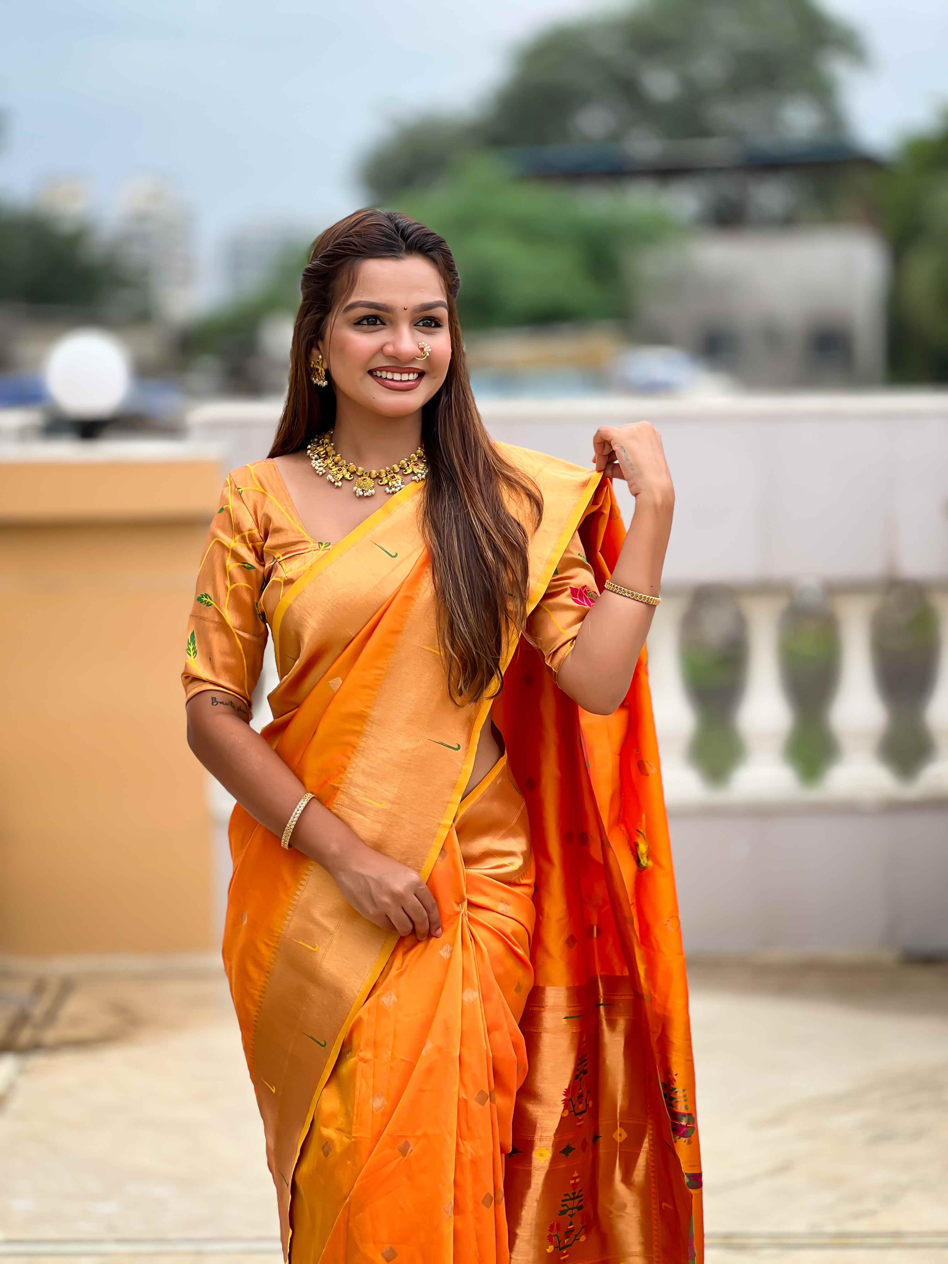 Orange Paithani Silk Saree with Zari Weaving, Meenakari Pallu & Double Munia Border