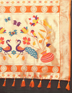 Orange Soft Paithani Silk Saree with Zari Motifs, Meenakari Pallu & Contrast Blouse