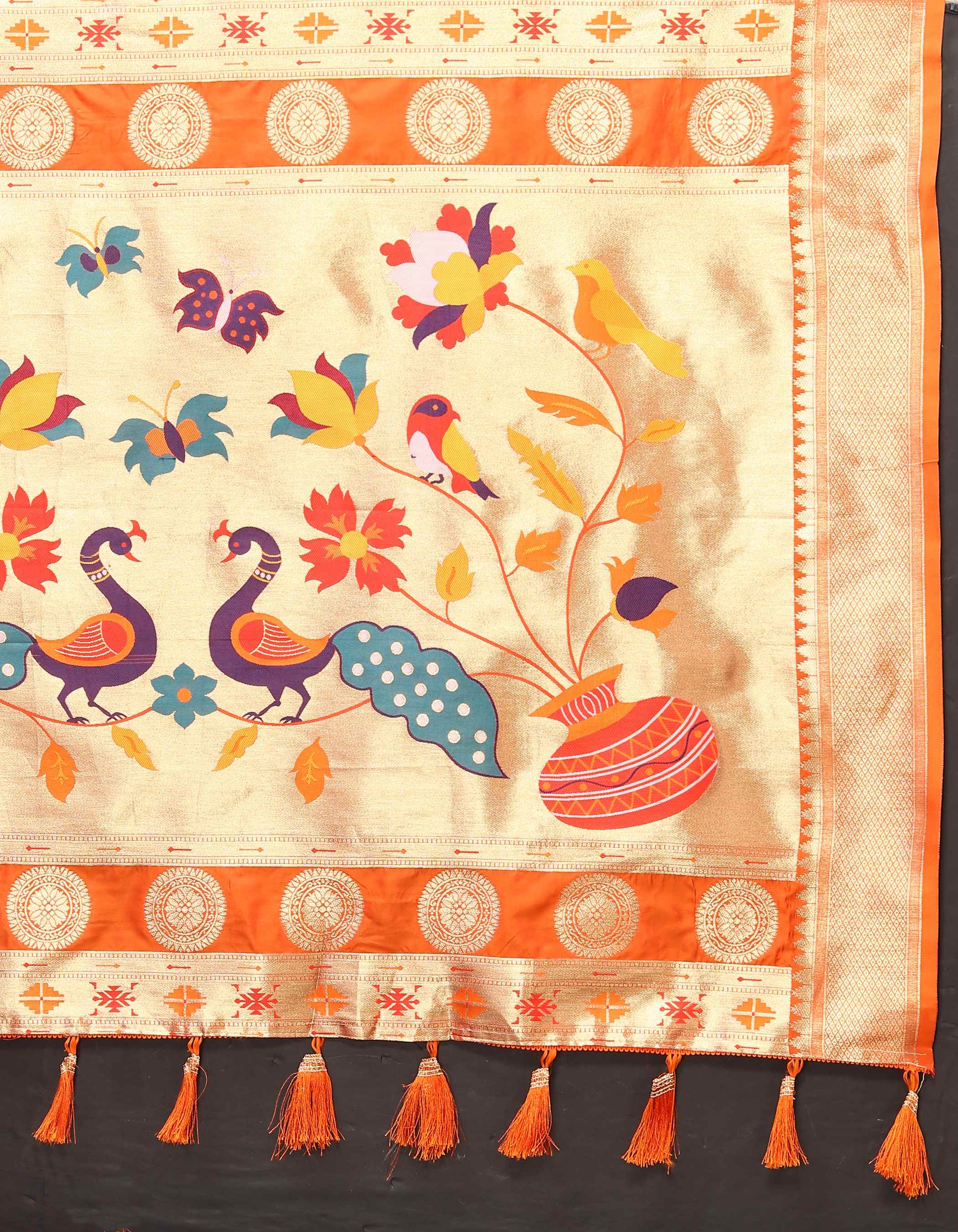 Orange Soft Paithani Silk Saree with Zari Motifs, Meenakari Pallu & Contrast Blouse