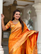 Orange Paithani Silk Saree with Zari Weaving, Meenakari Pallu & Double Munia Border
