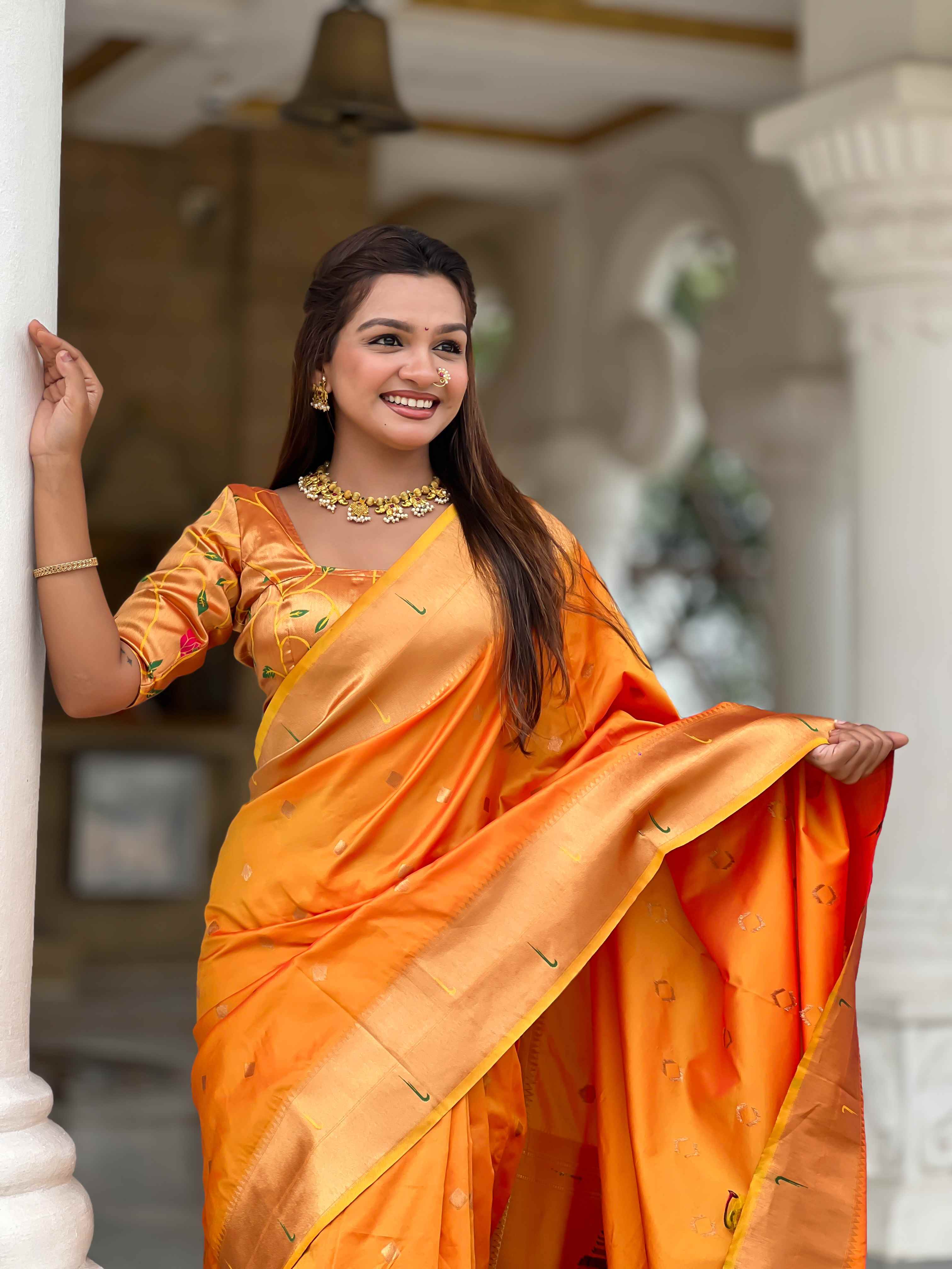 Orange Paithani Silk Saree with Zari Weaving, Meenakari Pallu & Double Munia Border