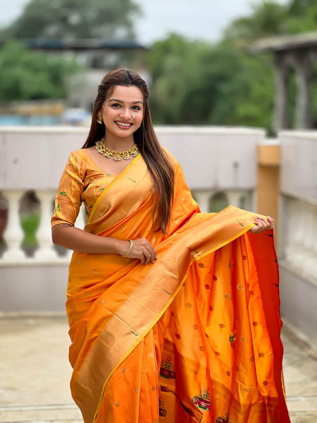 Orange Paithani Silk Saree with Zari Weaving, Meenakari Pallu & Double Munia Border