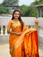 Orange Paithani Silk Saree with Zari Weaving, Meenakari Pallu & Double Munia Border