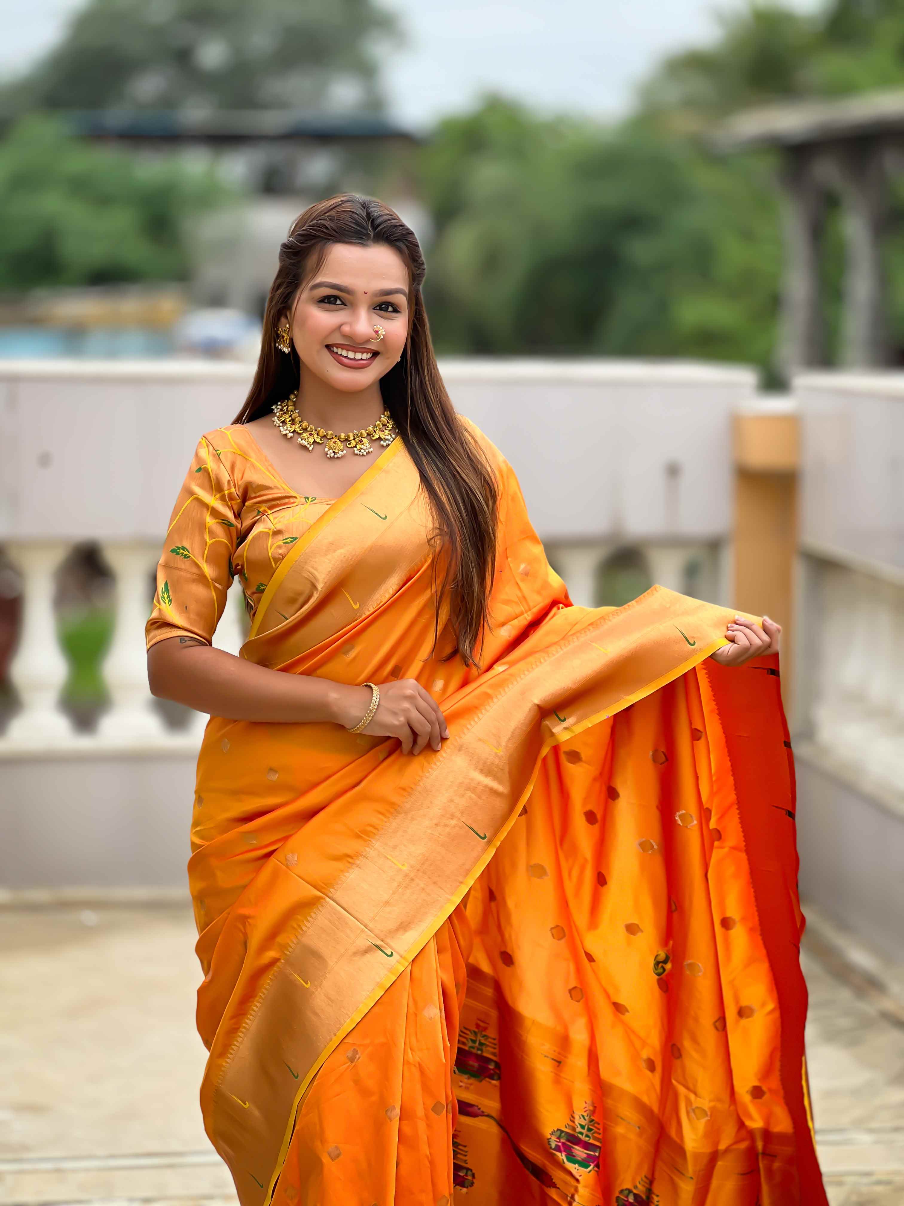 Orange Paithani Silk Saree with Zari Weaving, Meenakari Pallu & Double Munia Border