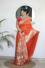 Orange Soft Paithani Silk Saree with Zari Motifs, Meenakari Rich Pallu & Contrast Blouse