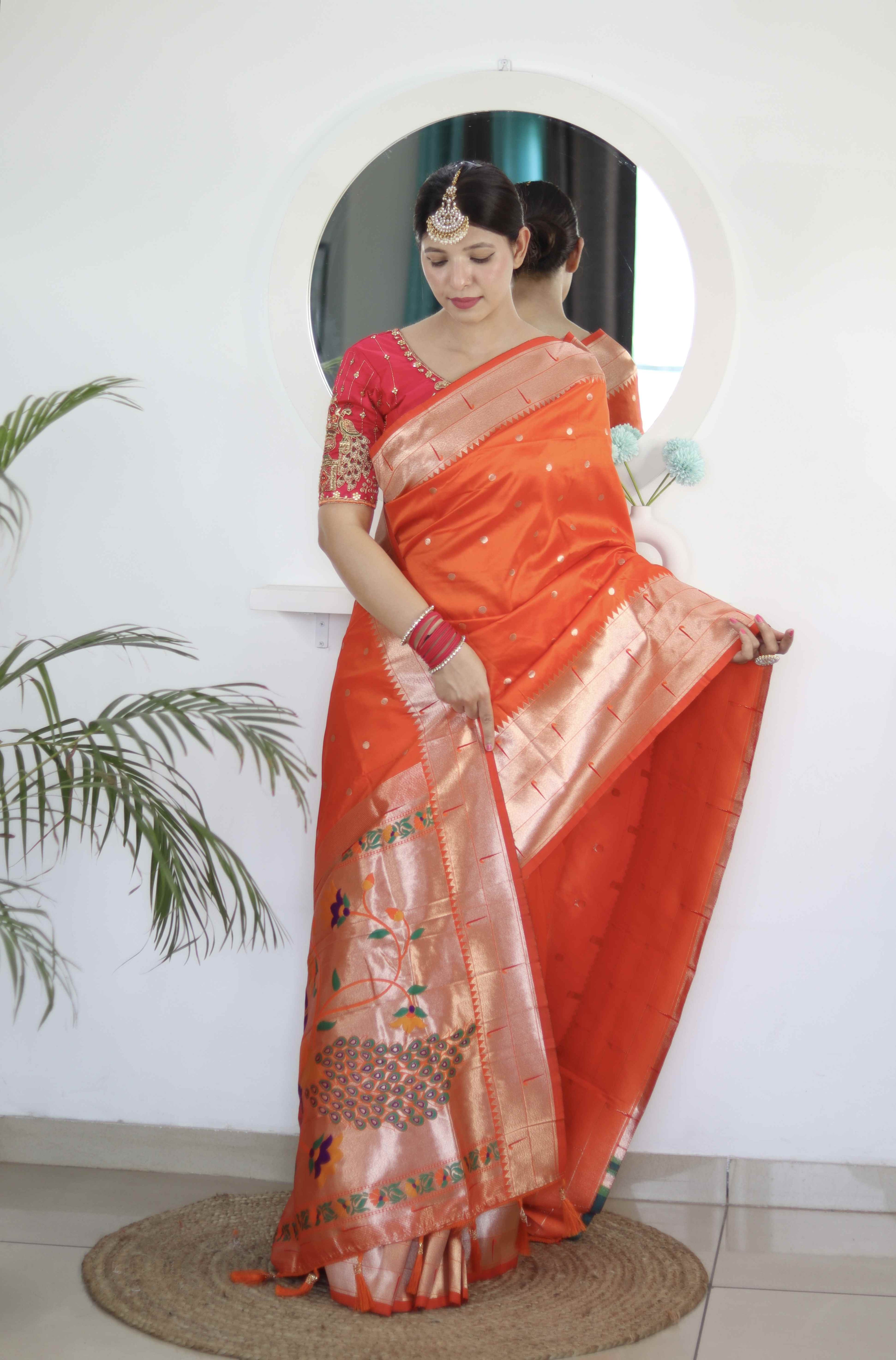 Orange Soft Paithani Silk Saree with Zari Motifs, Meenakari Rich Pallu & Contrast Blouse
