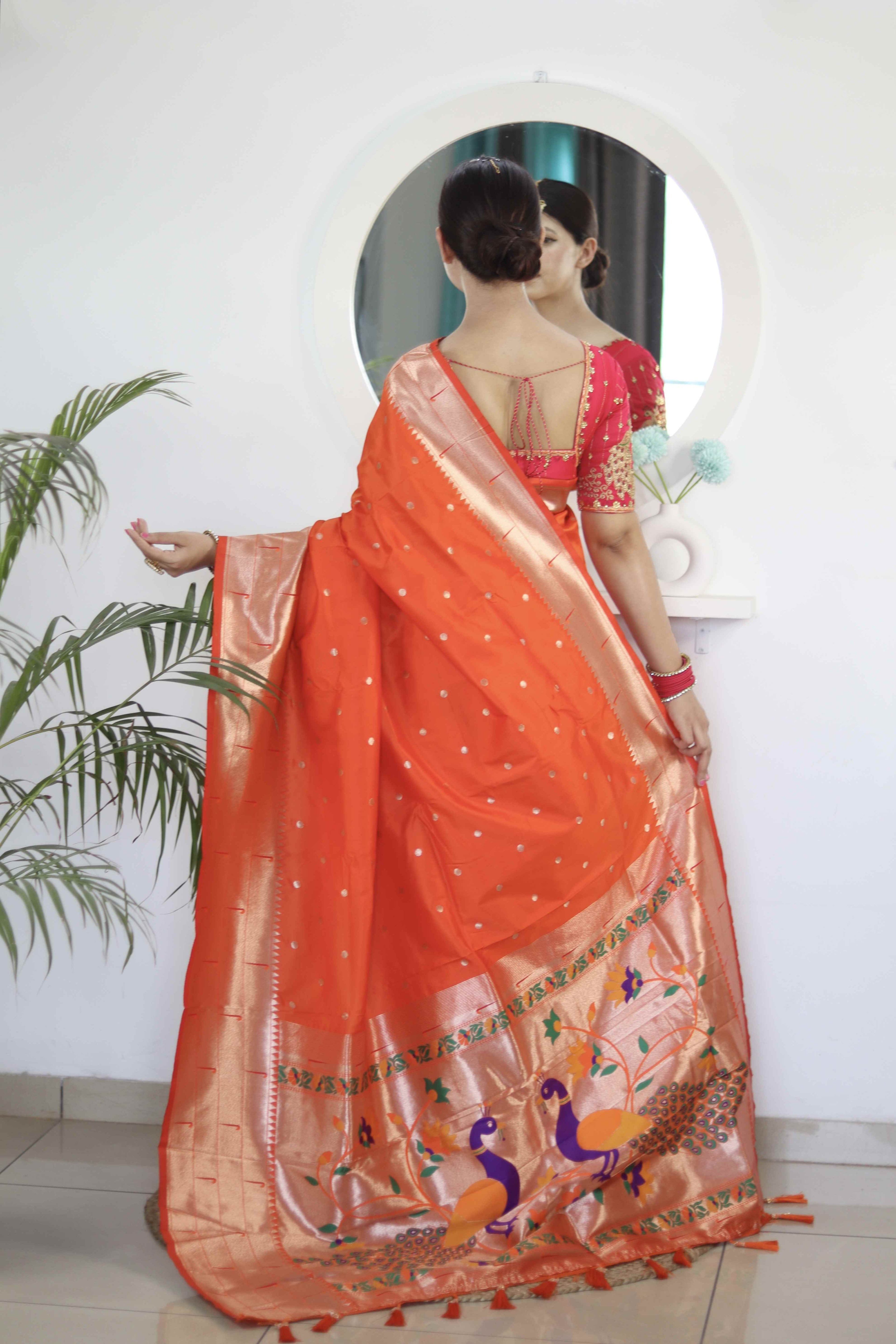 Orange Soft Paithani Silk Saree with Zari Motifs, Meenakari Rich Pallu & Contrast Blouse