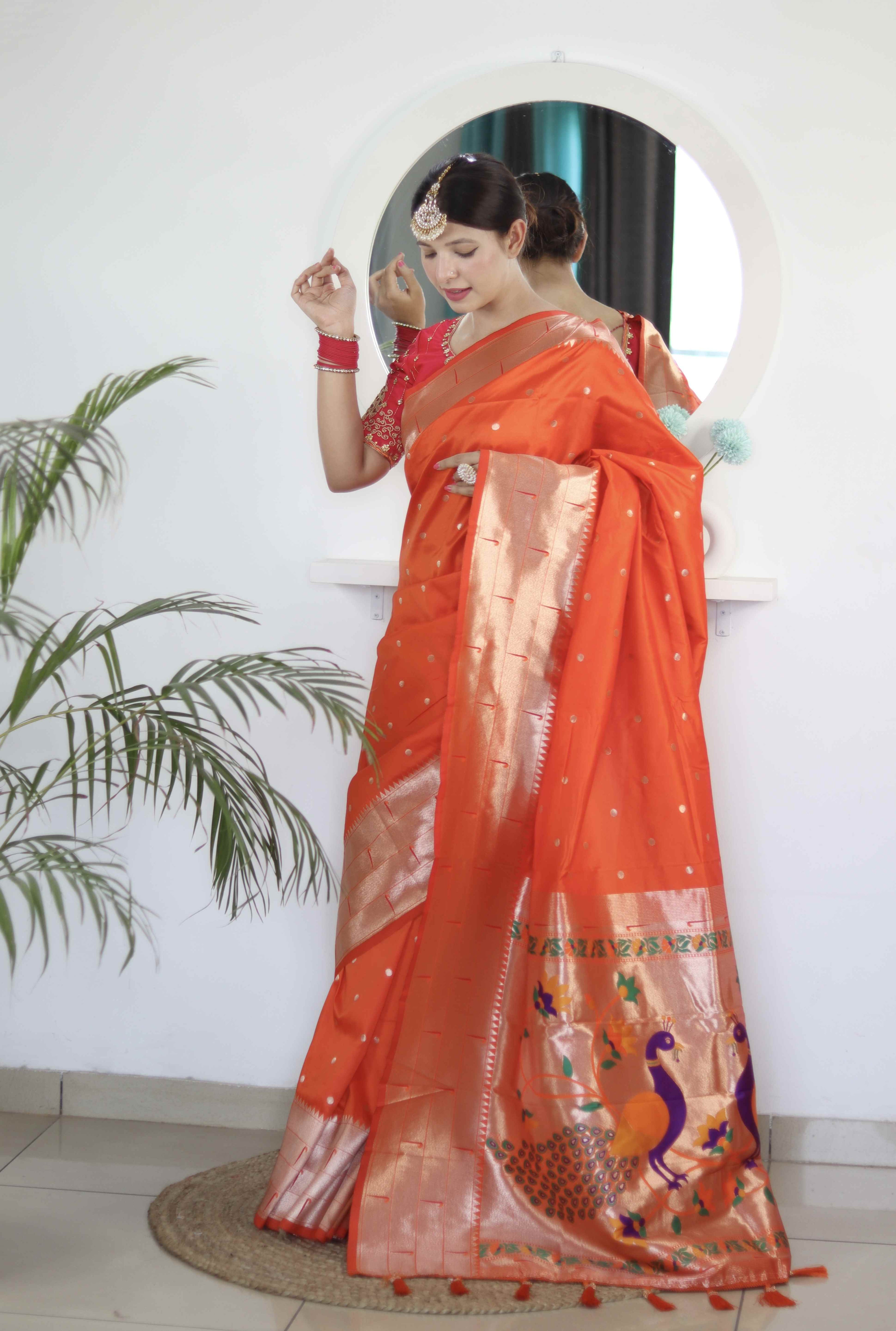 Orange Soft Paithani Silk Saree with Zari Motifs, Meenakari Rich Pallu & Contrast Blouse