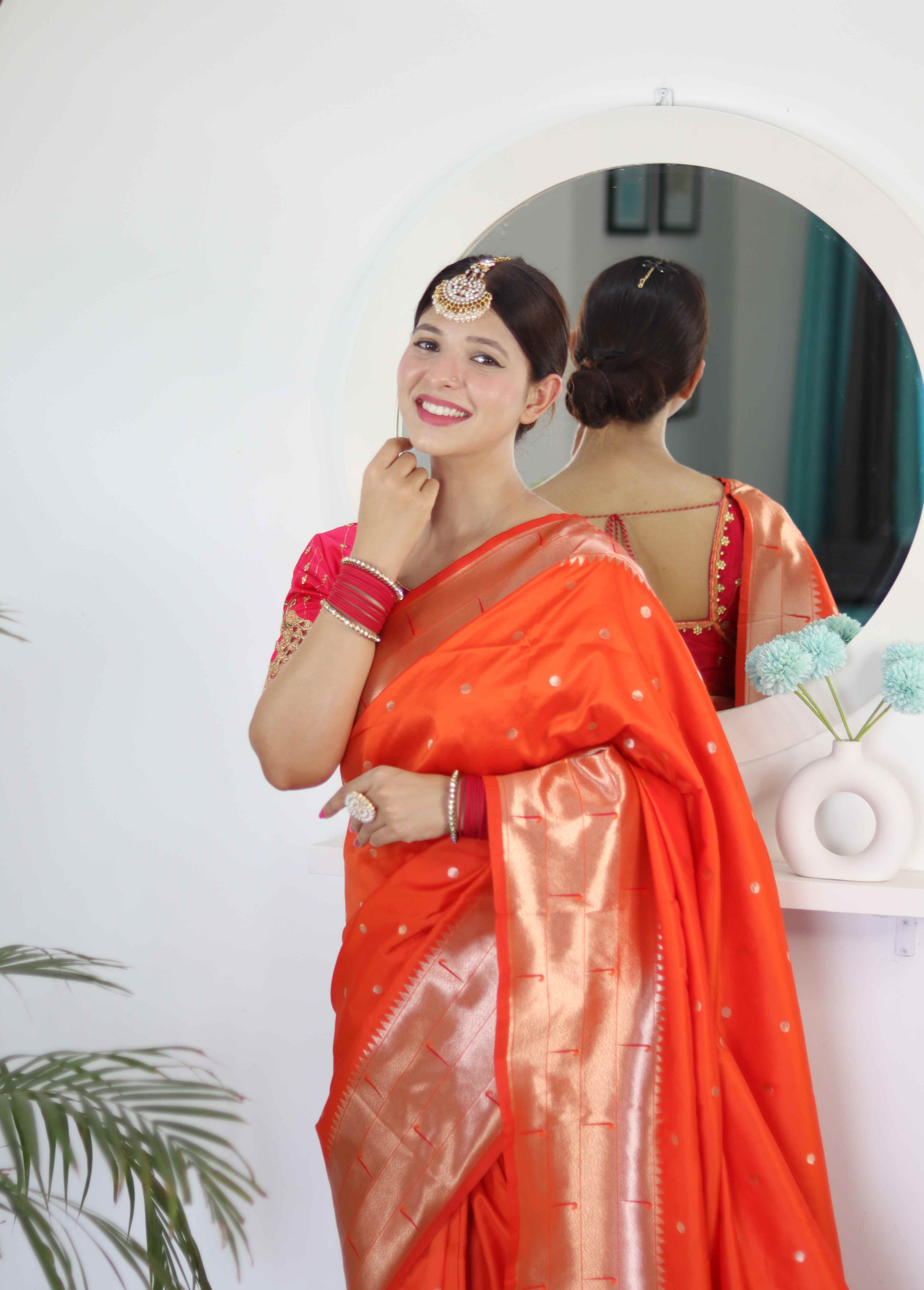 Orange Soft Paithani Silk Saree with Zari Motifs, Meenakari Rich Pallu & Contrast Blouse