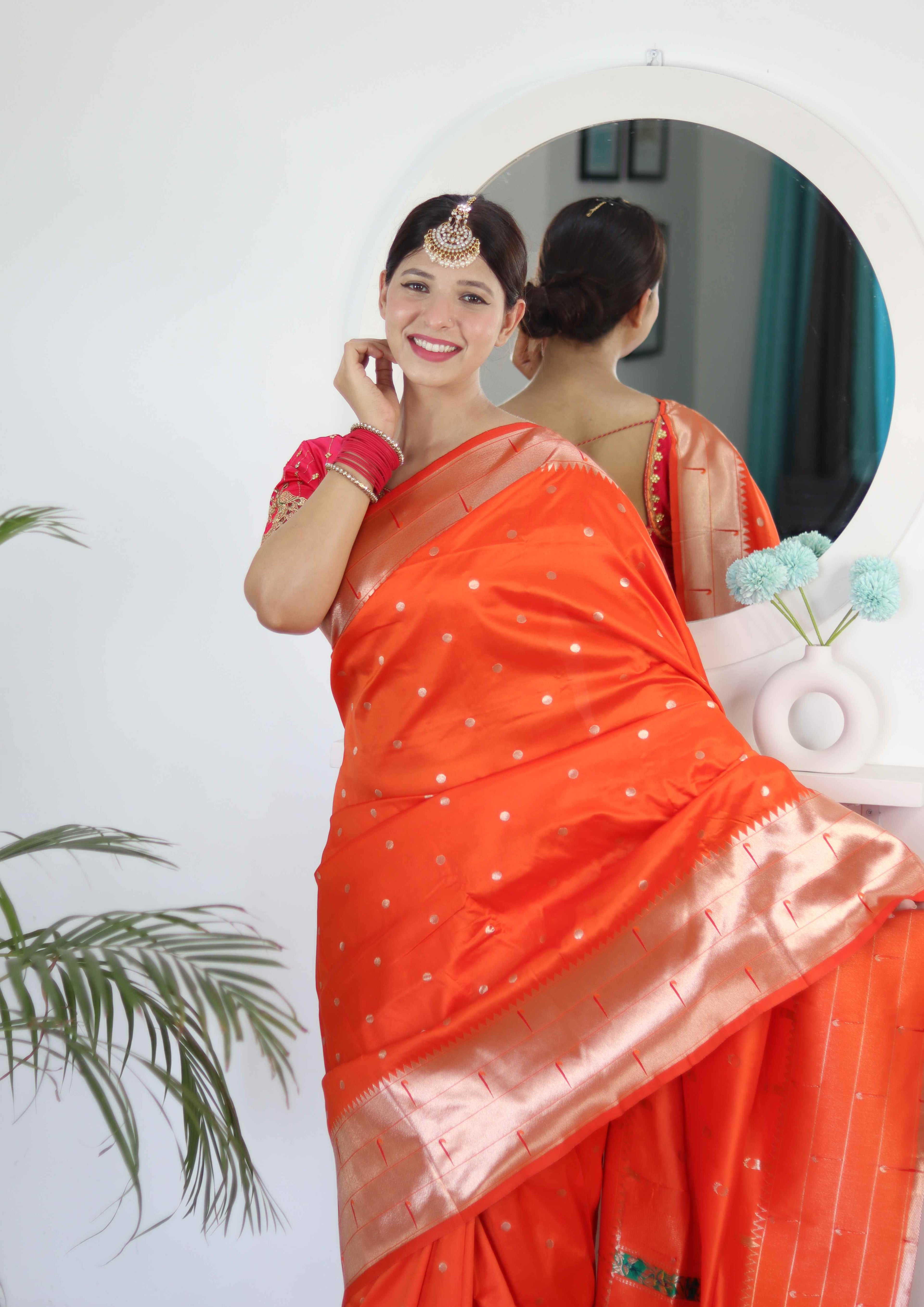 Orange Soft Paithani Silk Saree with Zari Motifs, Meenakari Rich Pallu & Contrast Blouse
