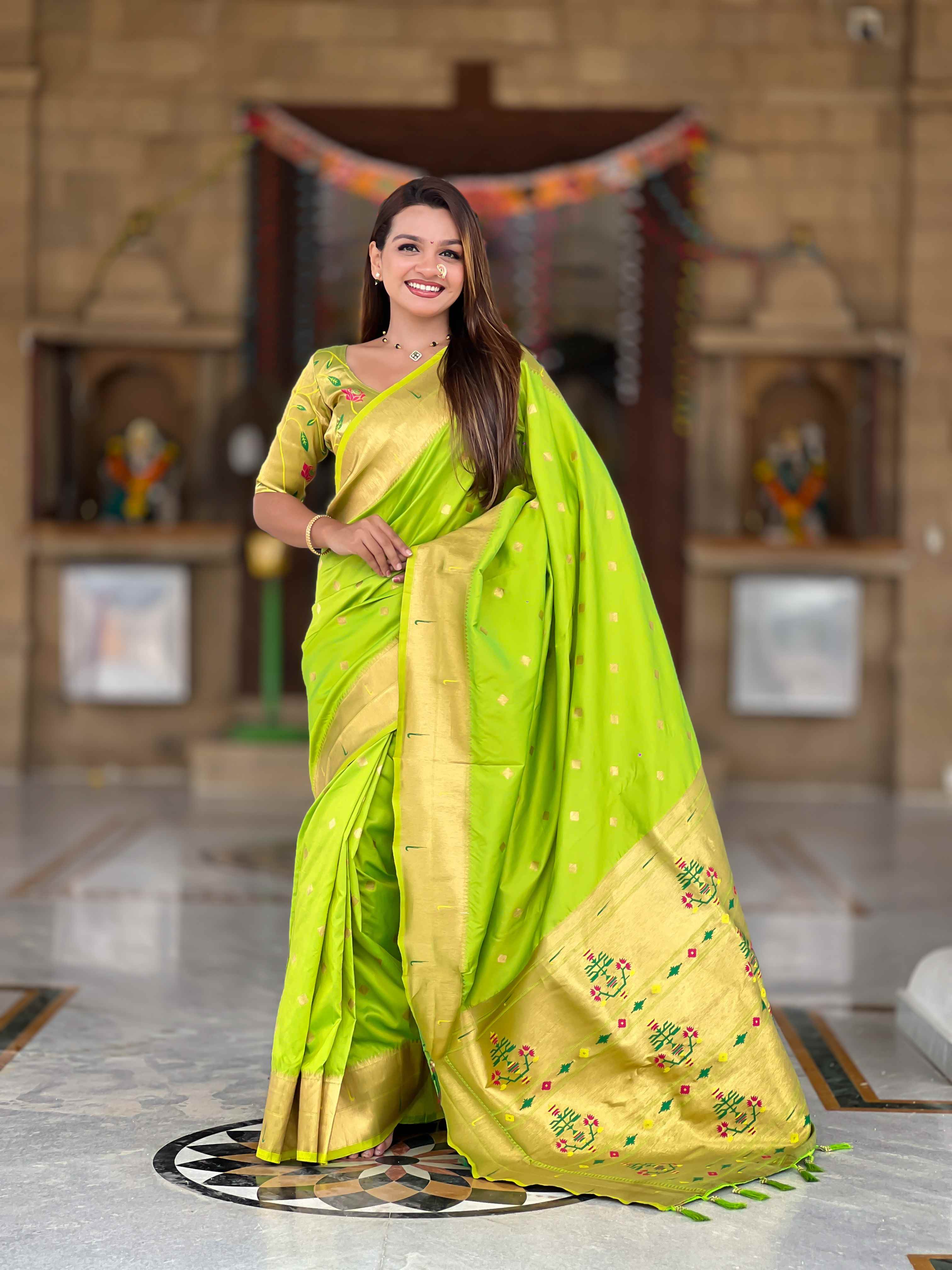 Parrot Green Paithani Silk Saree with Zari Weaving, Meenakari Pallu & Double Munia Border