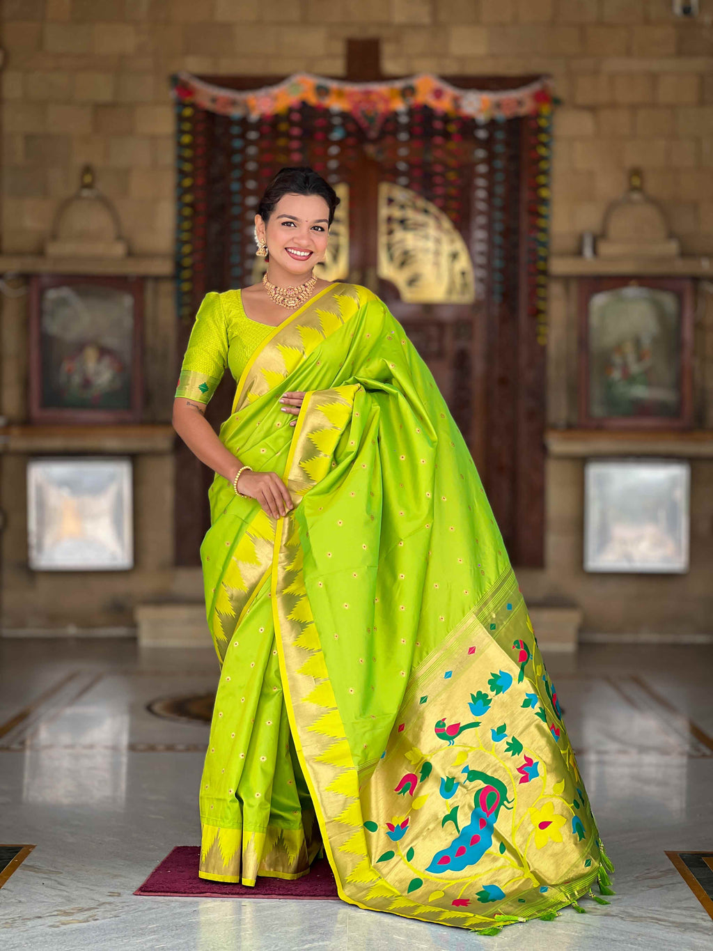 Parrot Green Paithani Silk Saree with Meenakari Rich Pallu & Temple Weaving Border