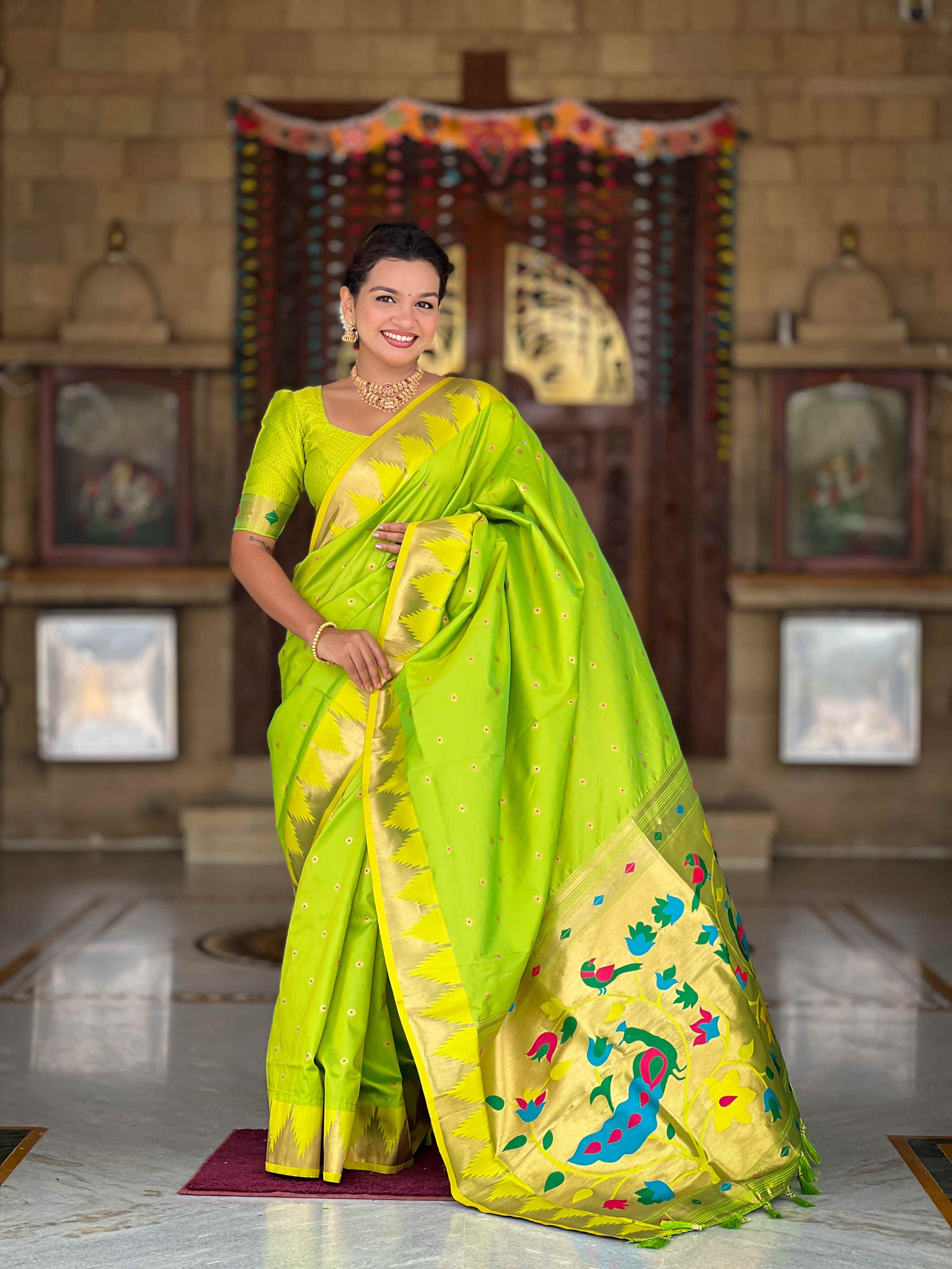 Parrot Green Paithani Silk Saree with Meenakari Rich Pallu & Temple Weaving Border
