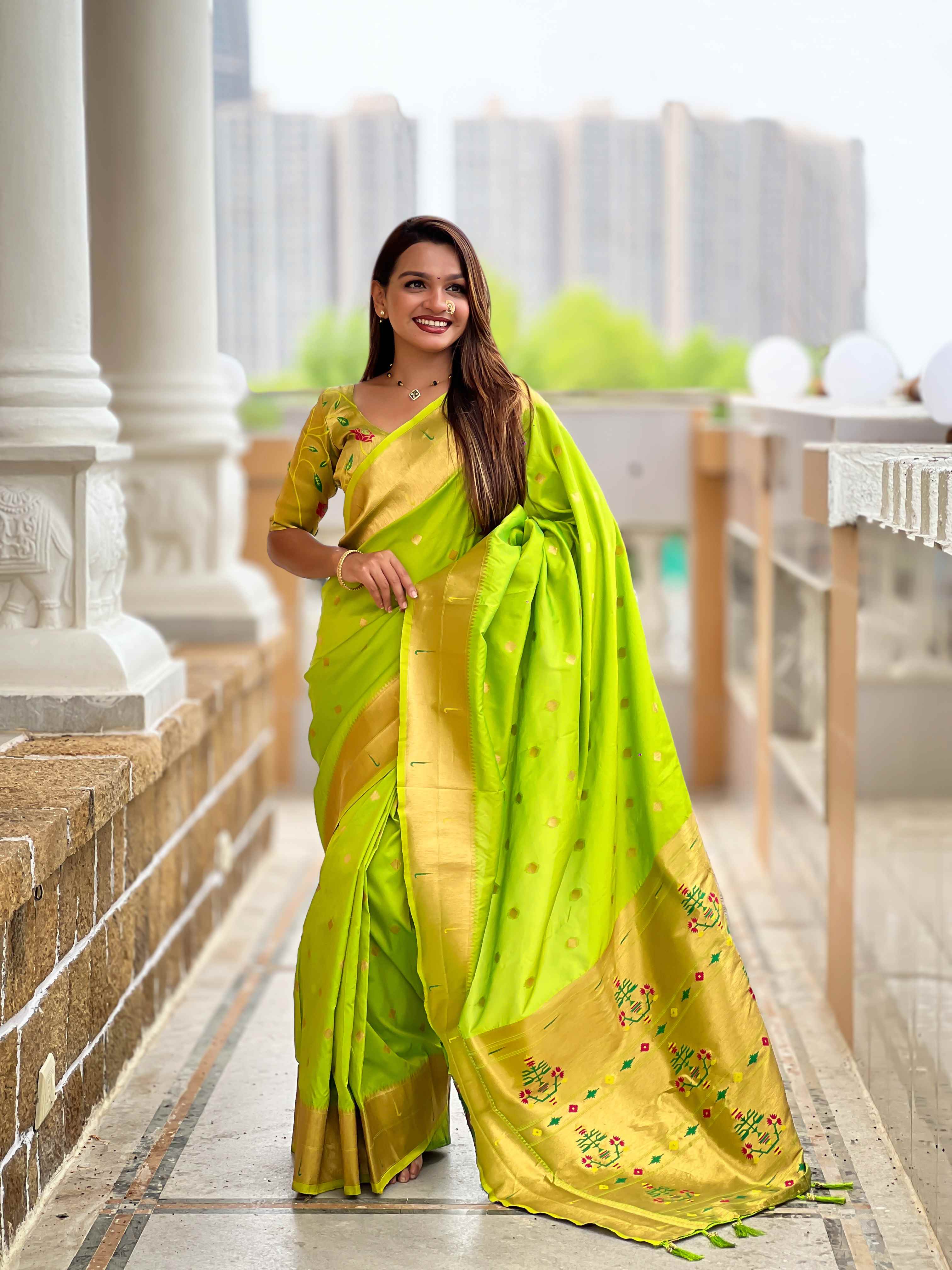 Parrot Green Paithani Silk Saree with Zari Weaving, Meenakari Pallu & Double Munia Border