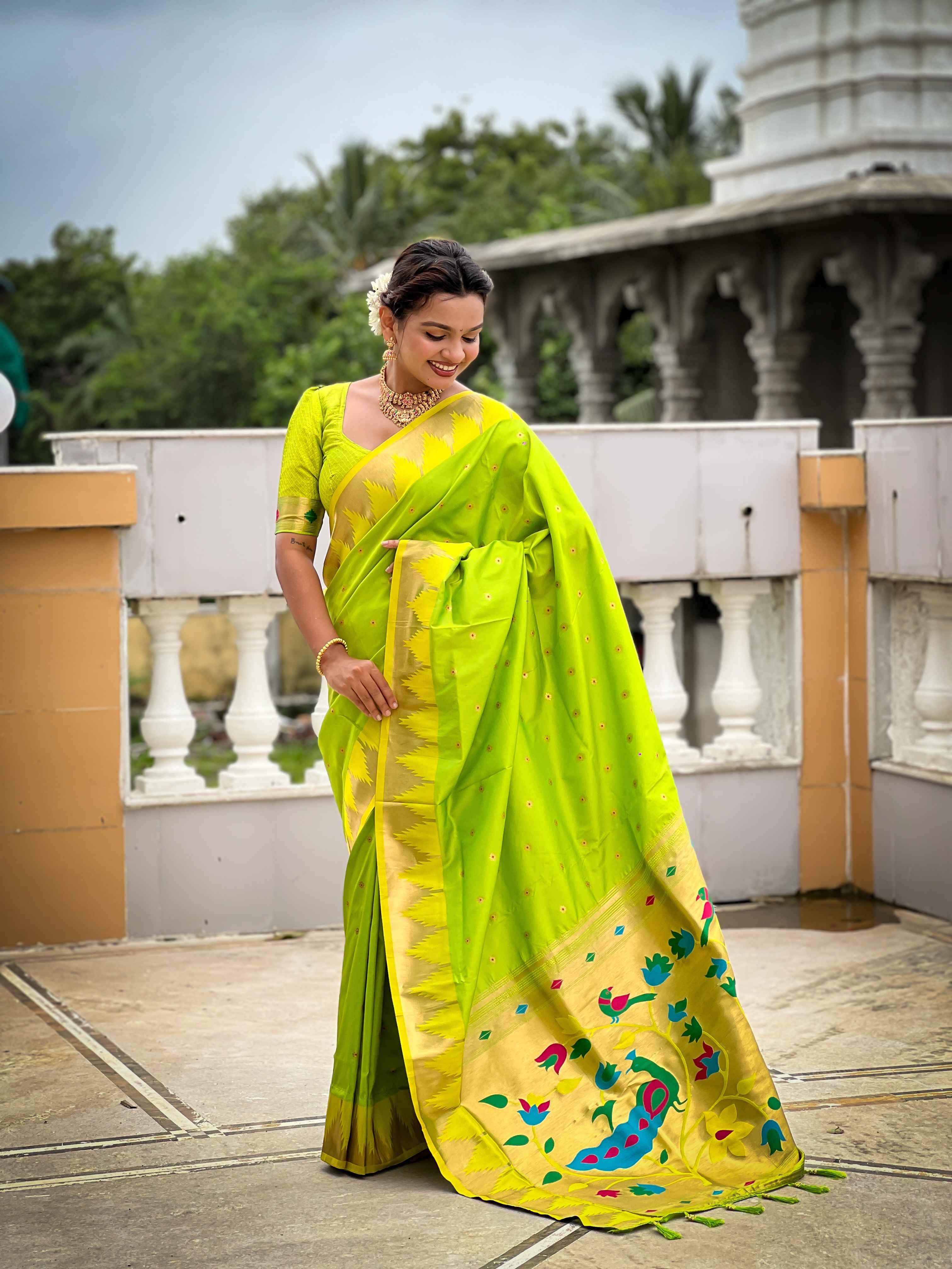 Parrot Green Paithani Silk Saree with Meenakari Rich Pallu & Temple Weaving Border