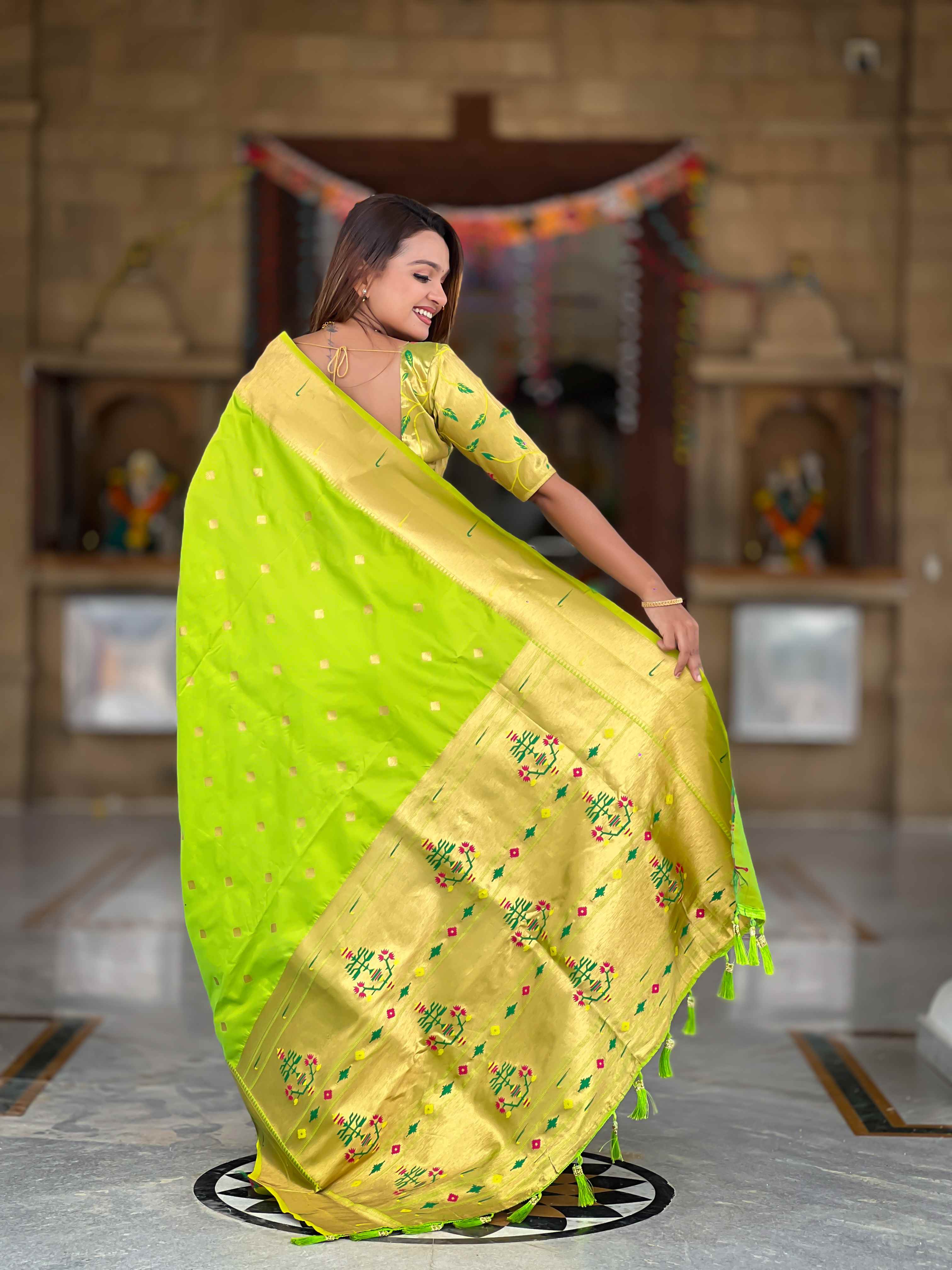 Parrot Green Paithani Silk Saree with Zari Weaving, Meenakari Pallu & Double Munia Border