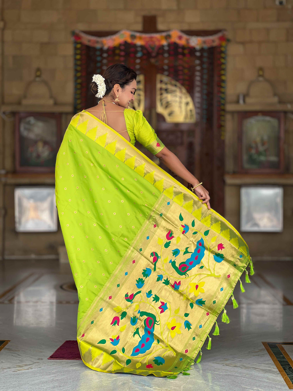 Parrot Green Paithani Silk Saree with Meenakari Rich Pallu & Temple Weaving Border