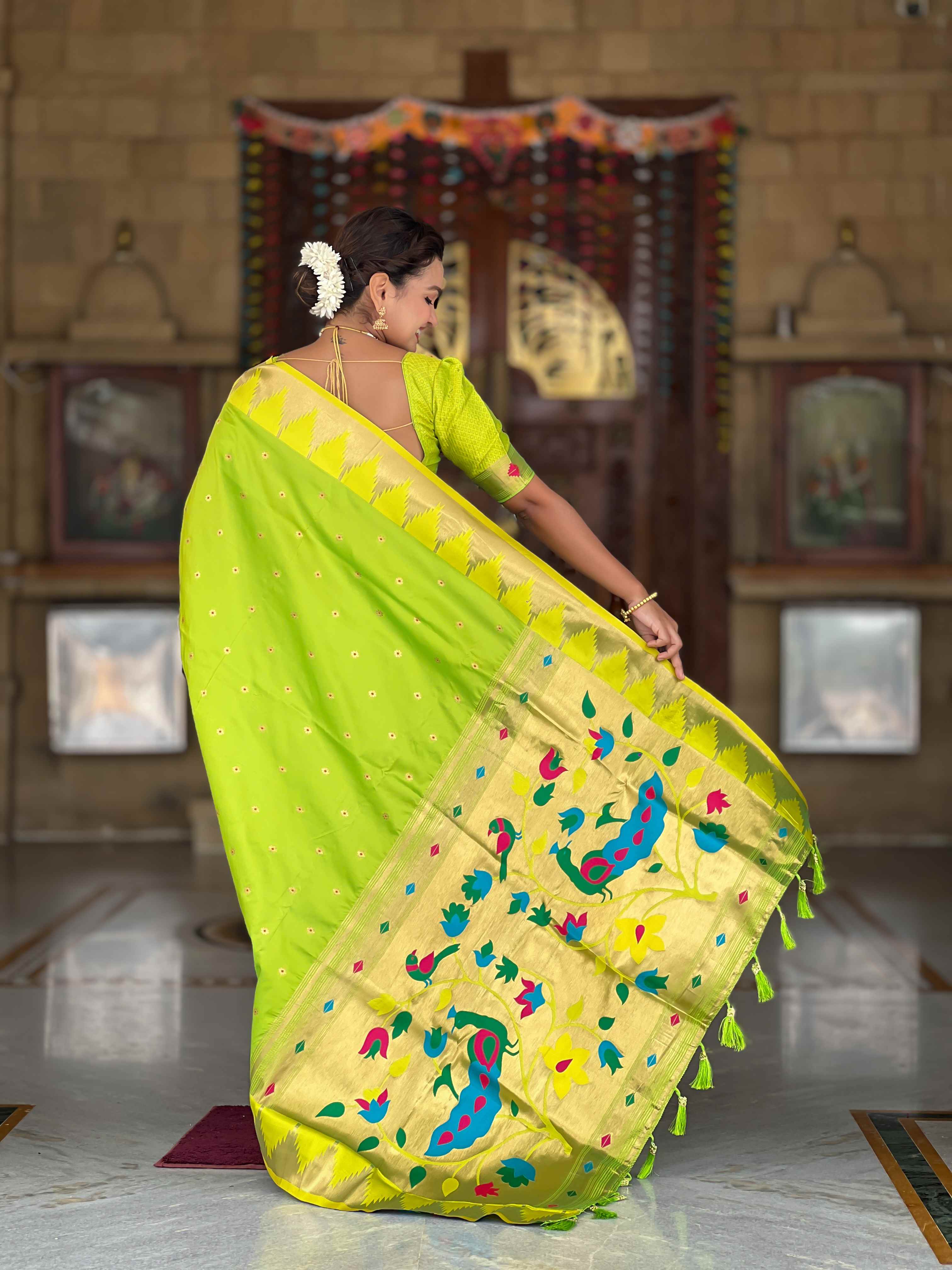 Parrot Green Paithani Silk Saree with Meenakari Rich Pallu & Temple Weaving Border