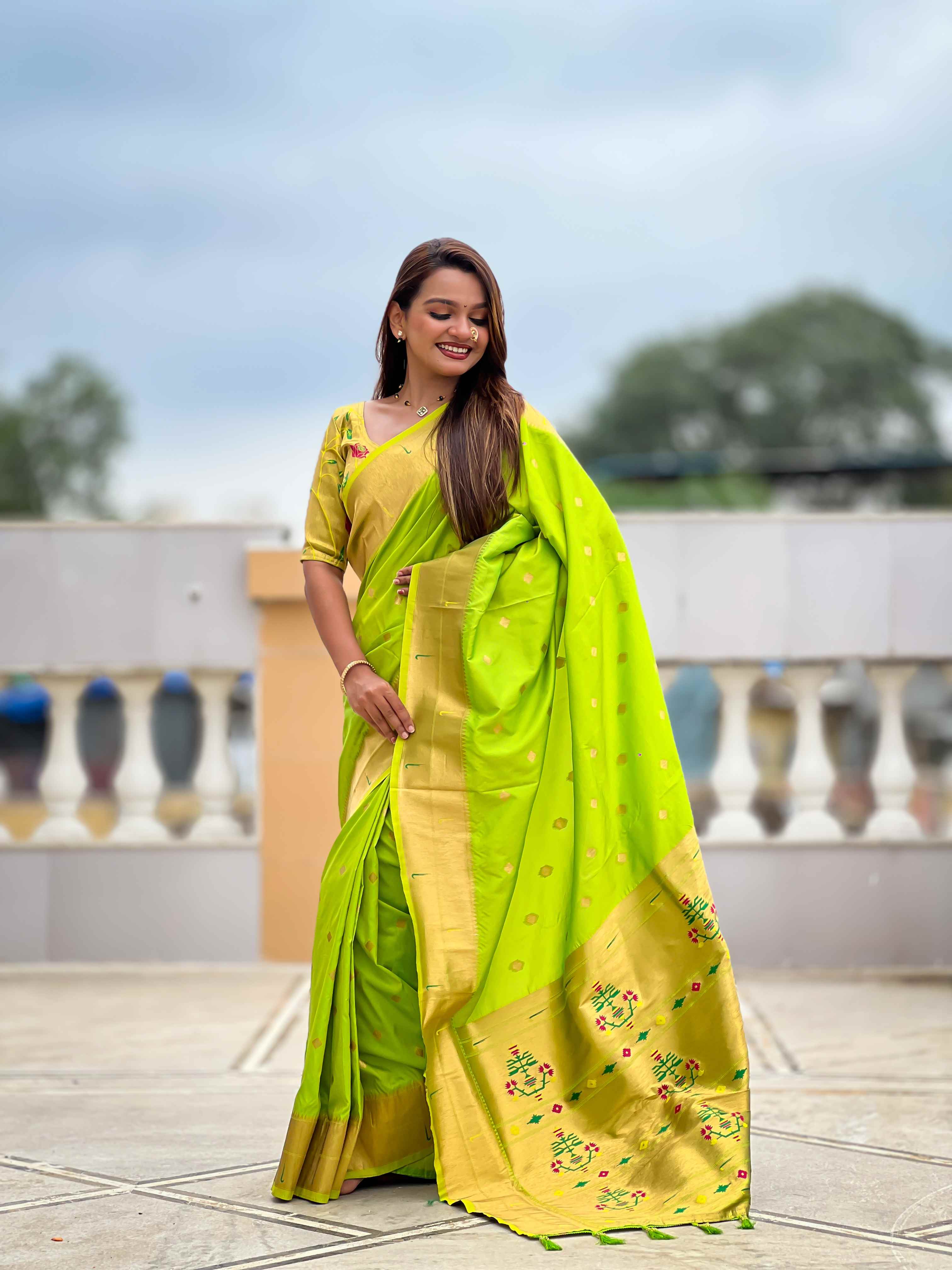 Parrot Green Paithani Silk Saree with Zari Weaving, Meenakari Pallu & Double Munia Border
