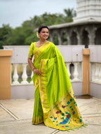 Parrot Green Paithani Silk Saree with Meenakari Rich Pallu & Temple Weaving Border