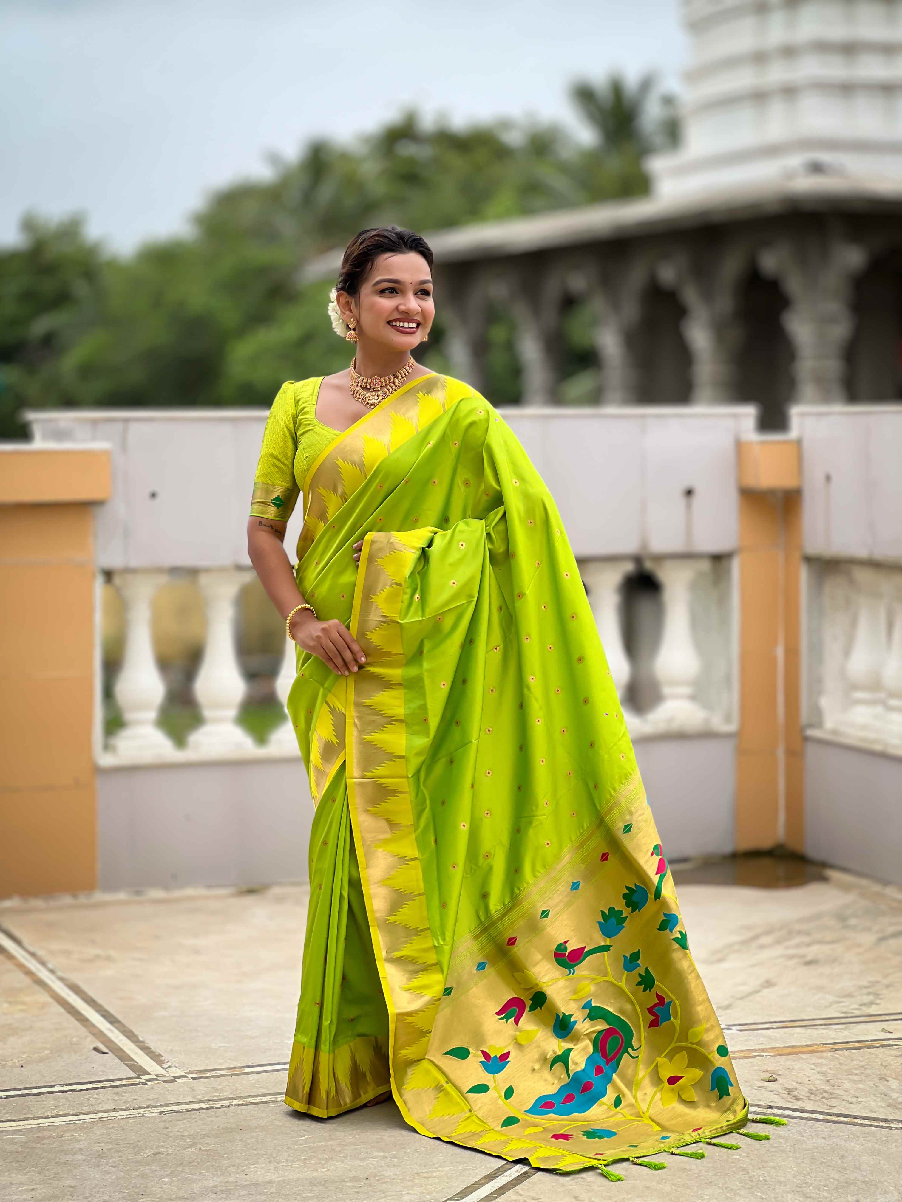 Parrot Green Paithani Silk Saree with Meenakari Rich Pallu & Temple Weaving Border