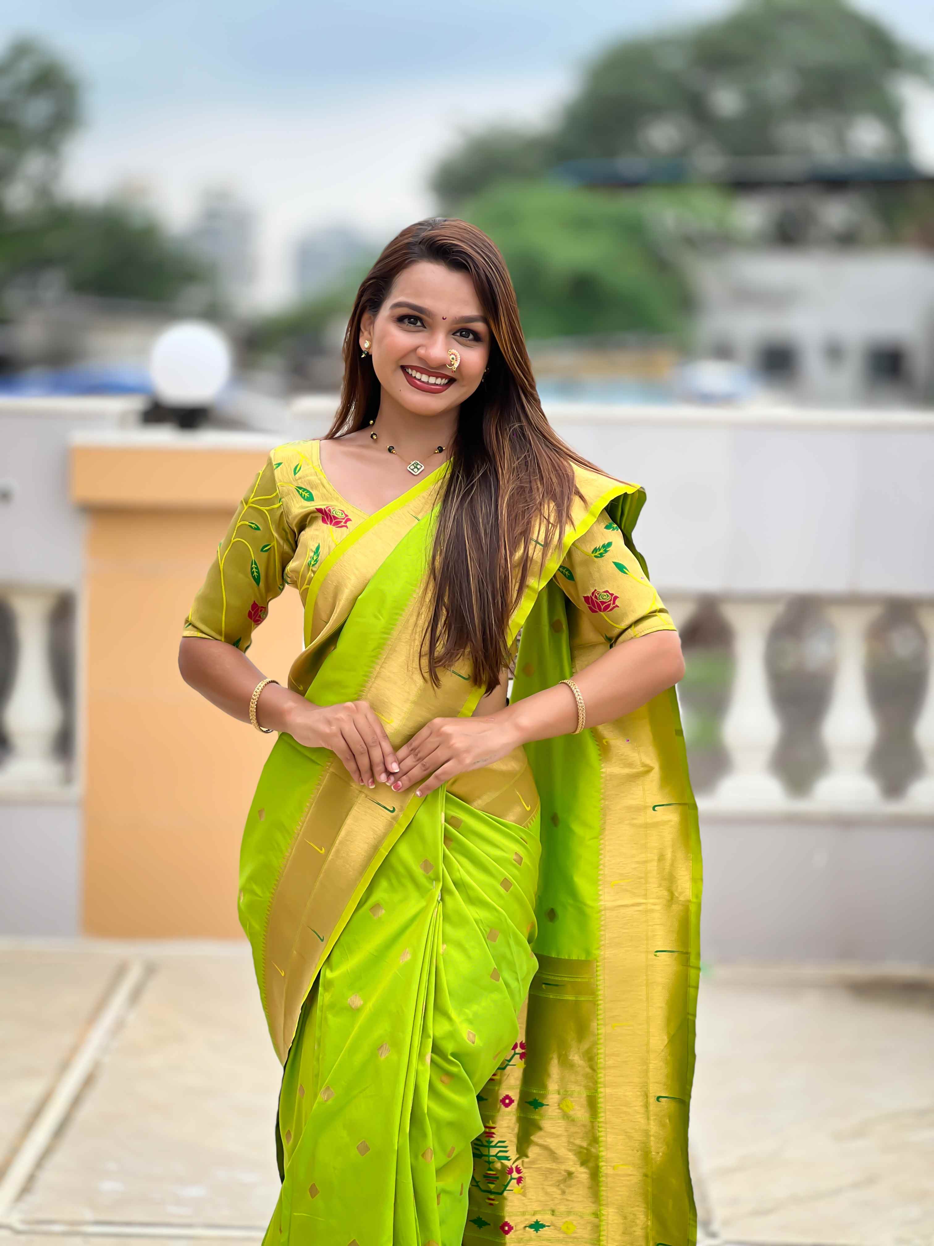 Parrot Green Paithani Silk Saree with Zari Weaving, Meenakari Pallu & Double Munia Border