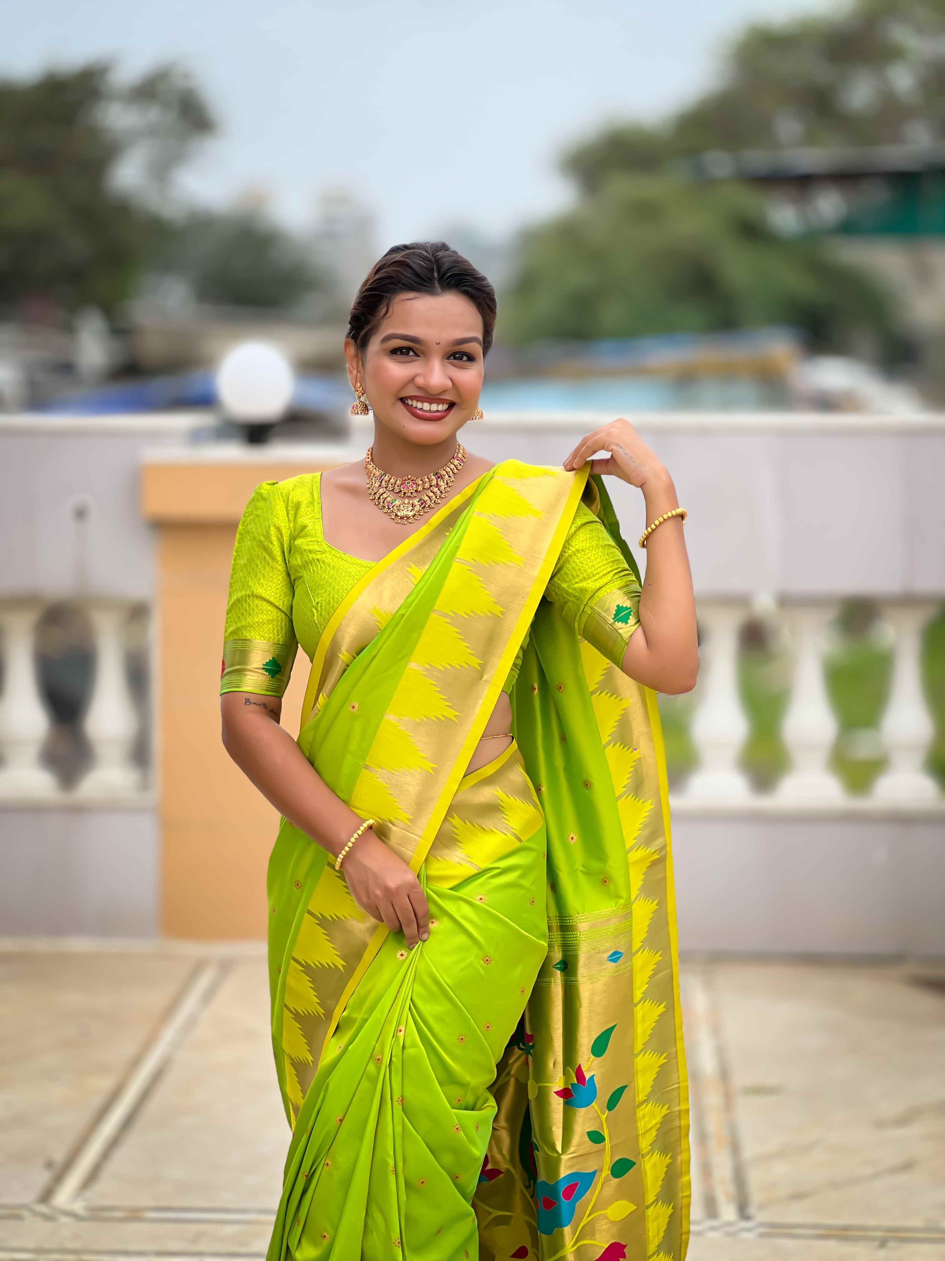 Parrot Green Paithani Silk Saree with Meenakari Rich Pallu & Temple Weaving Border
