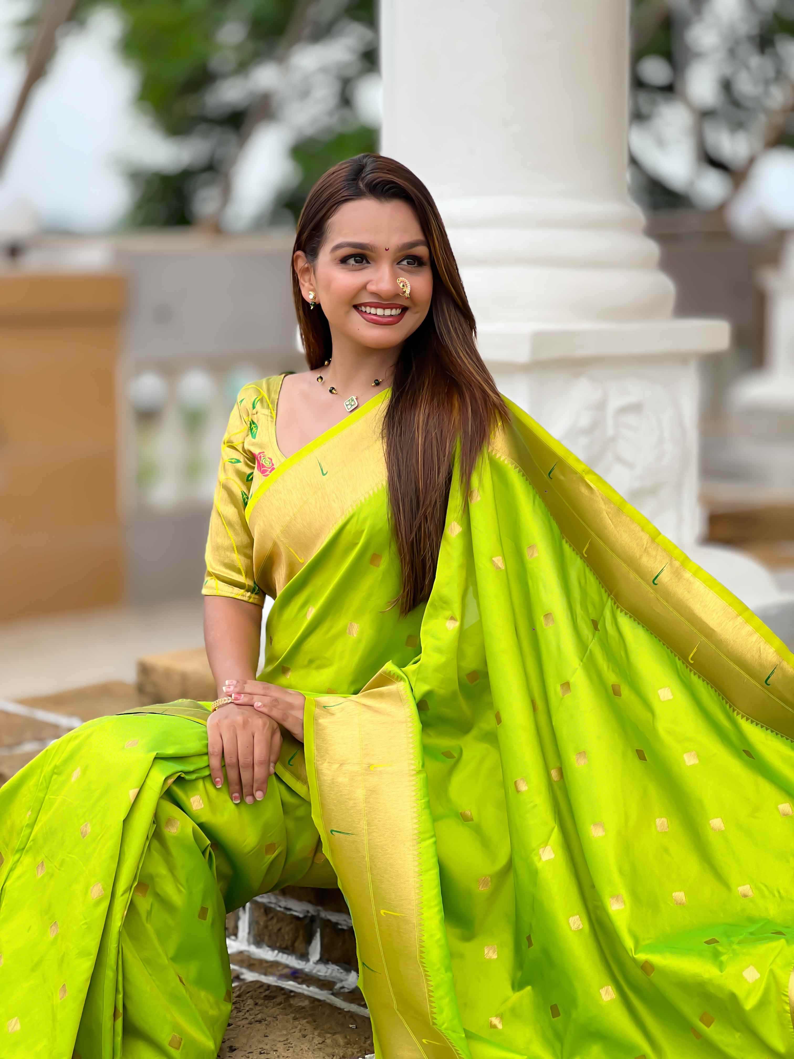 Parrot Green Paithani Silk Saree with Zari Weaving, Meenakari Pallu & Double Munia Border