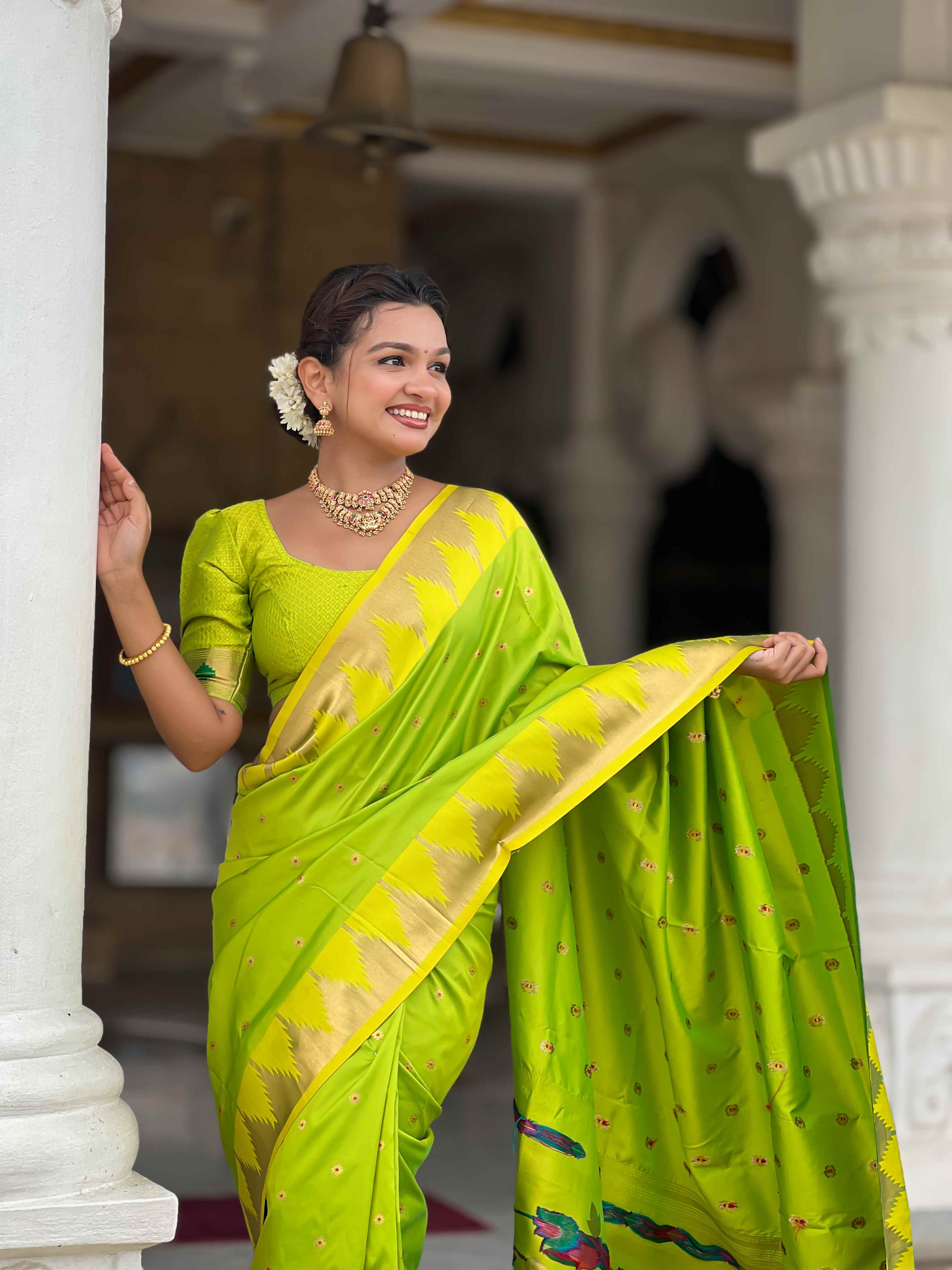 Parrot Green Paithani Silk Saree with Meenakari Rich Pallu & Temple Weaving Border