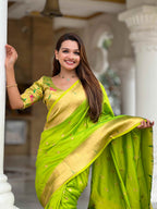 Parrot Green Paithani Silk Saree with Zari Weaving, Meenakari Pallu & Double Munia Border