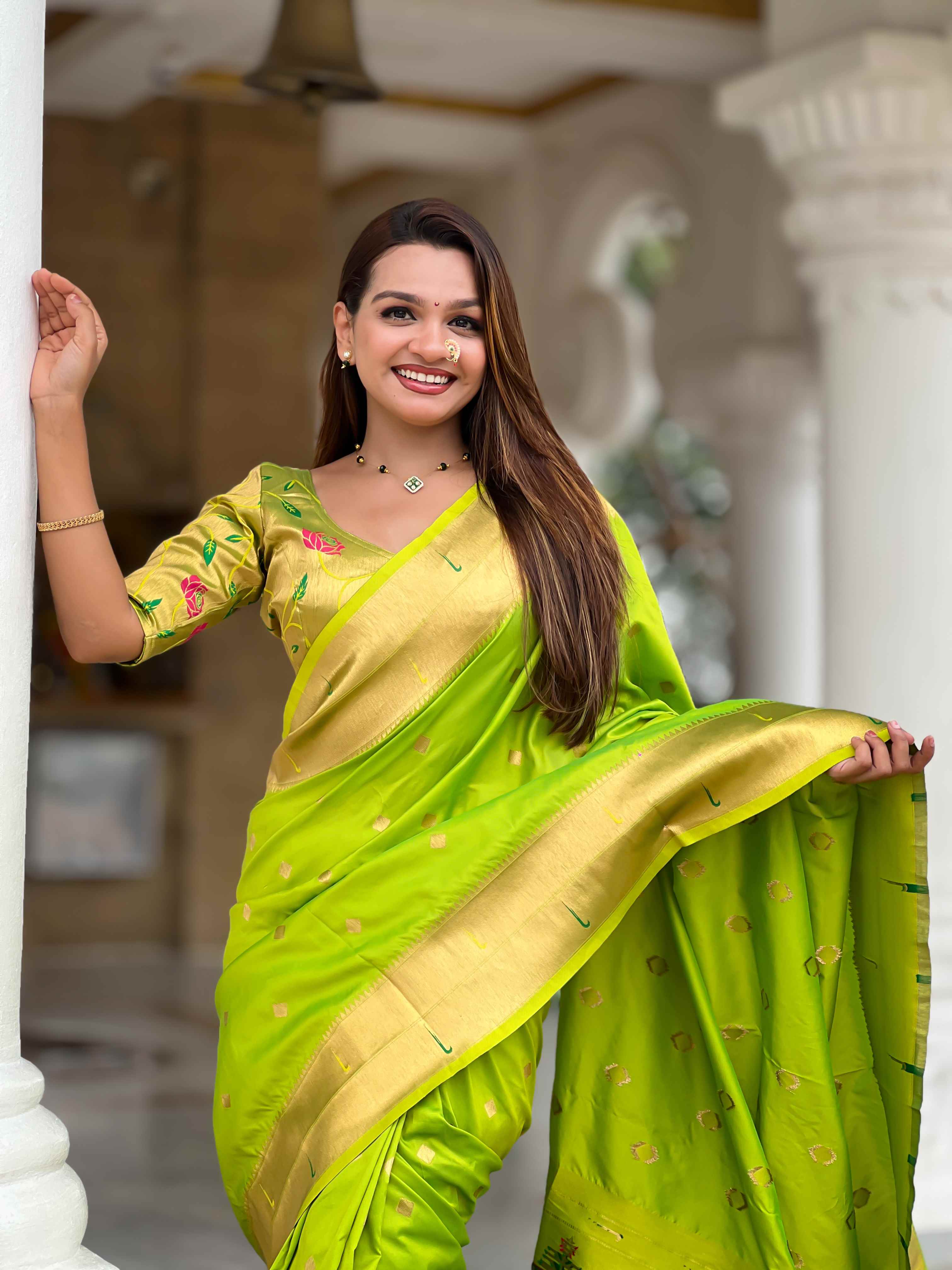 Parrot Green Paithani Silk Saree with Zari Weaving, Meenakari Pallu & Double Munia Border