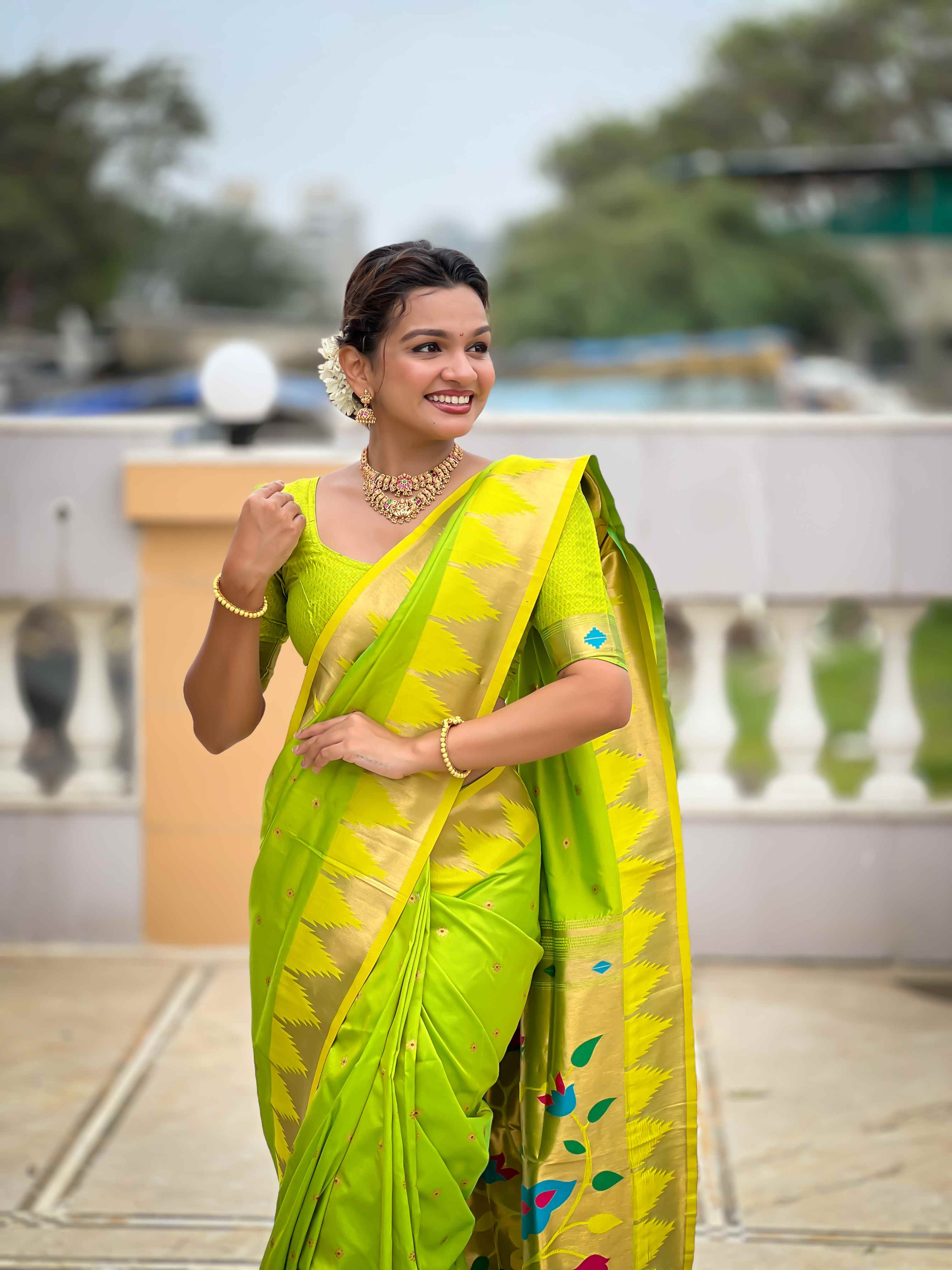 Parrot Green Paithani Silk Saree with Meenakari Rich Pallu & Temple Weaving Border