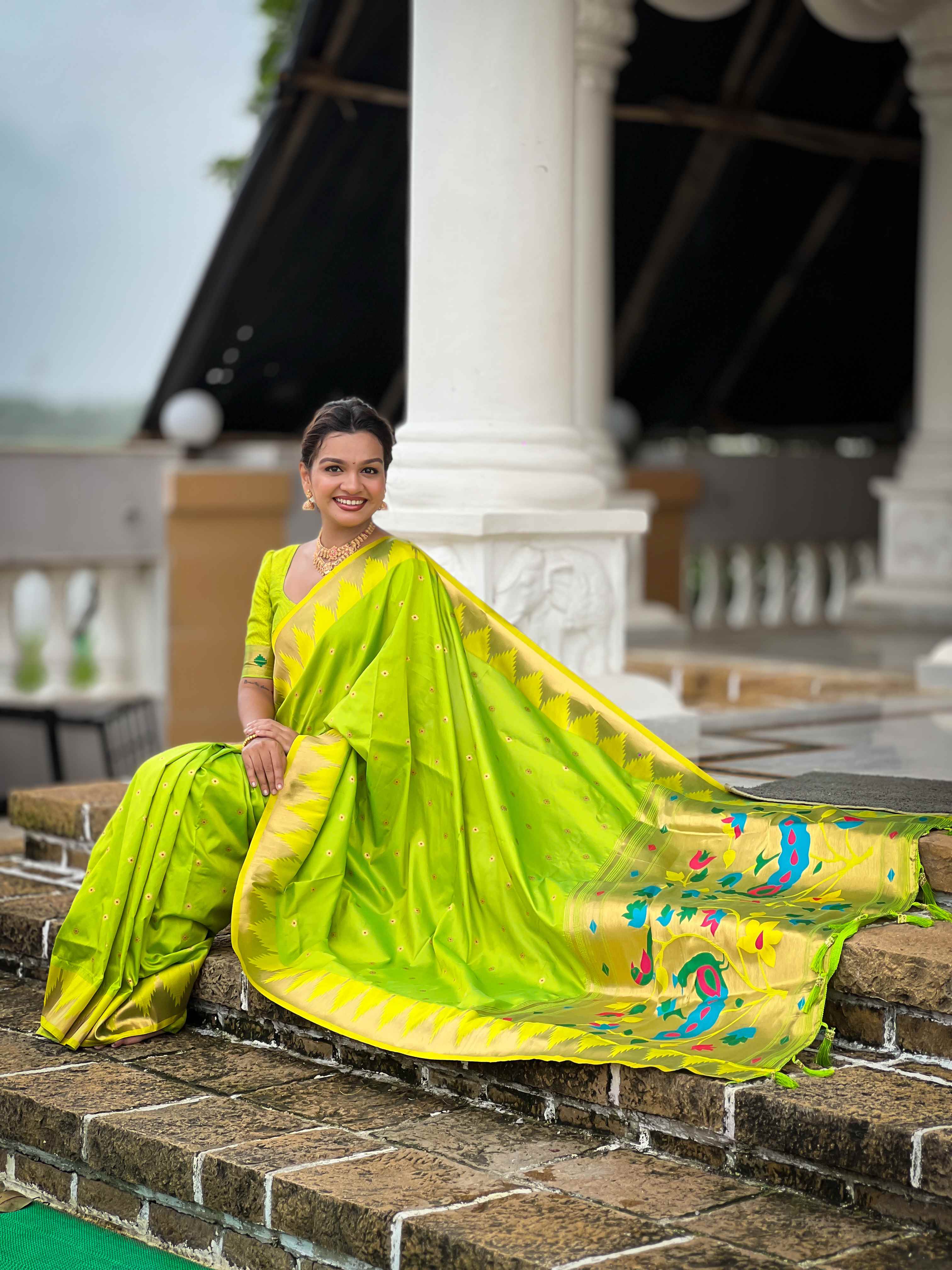 Parrot Green Paithani Silk Saree with Meenakari Rich Pallu & Temple Weaving Border