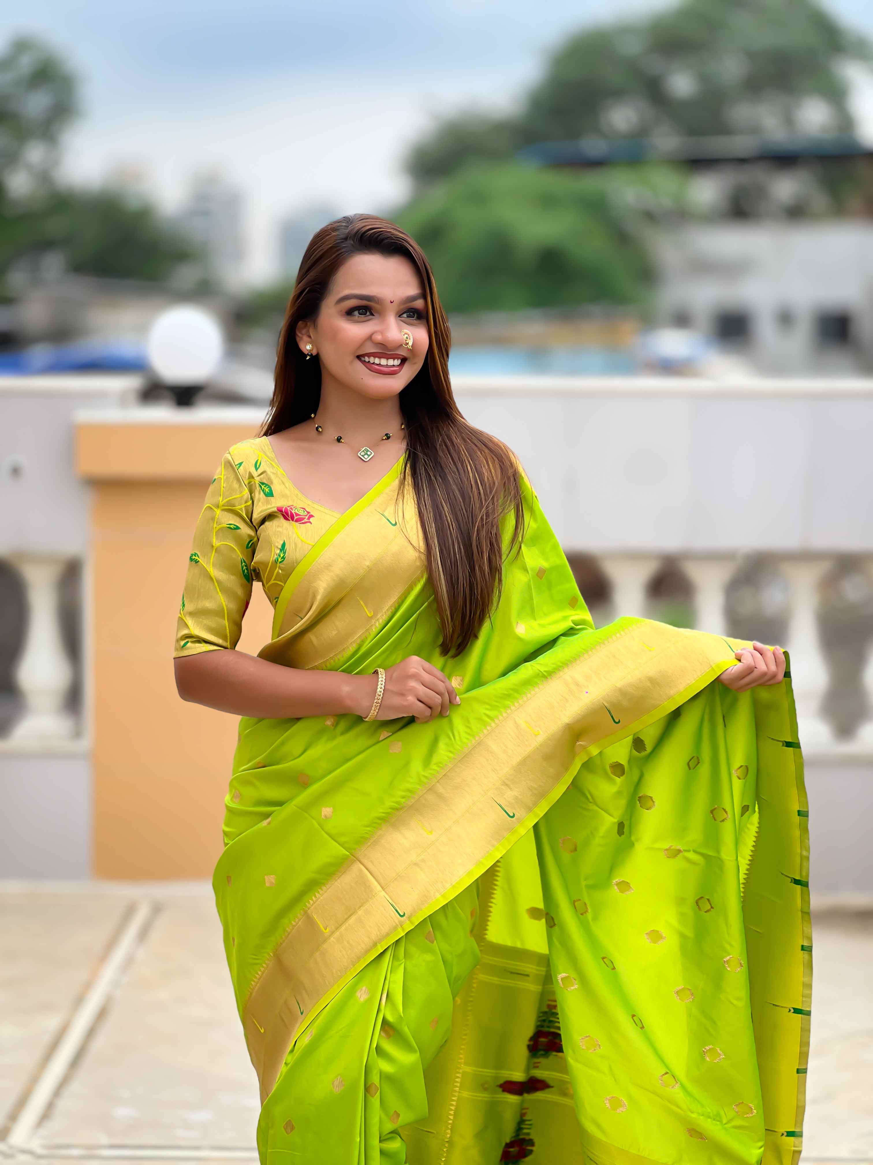 Parrot Green Paithani Silk Saree with Zari Weaving, Meenakari Pallu & Double Munia Border