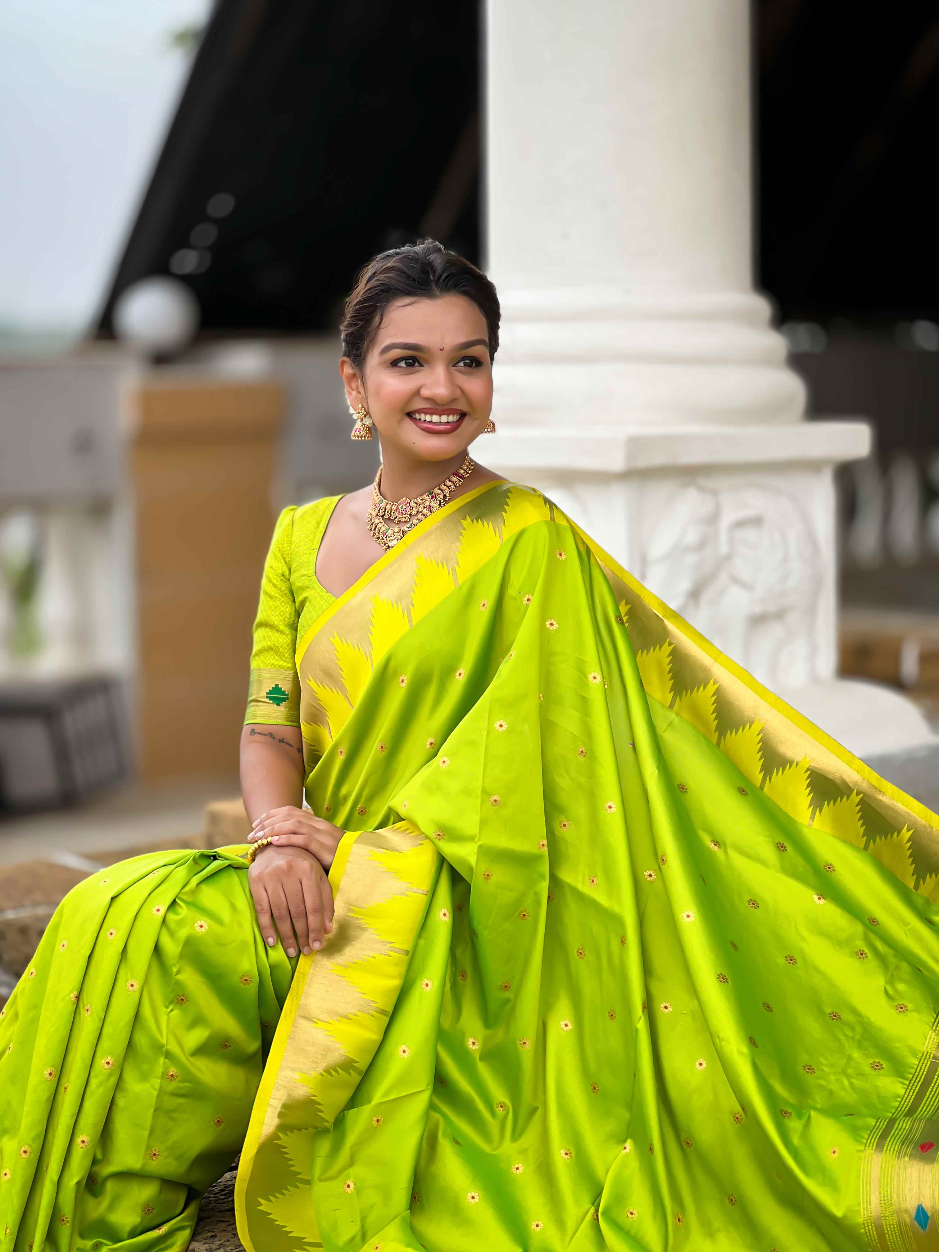 Parrot Green Paithani Silk Saree with Meenakari Rich Pallu & Temple Weaving Border