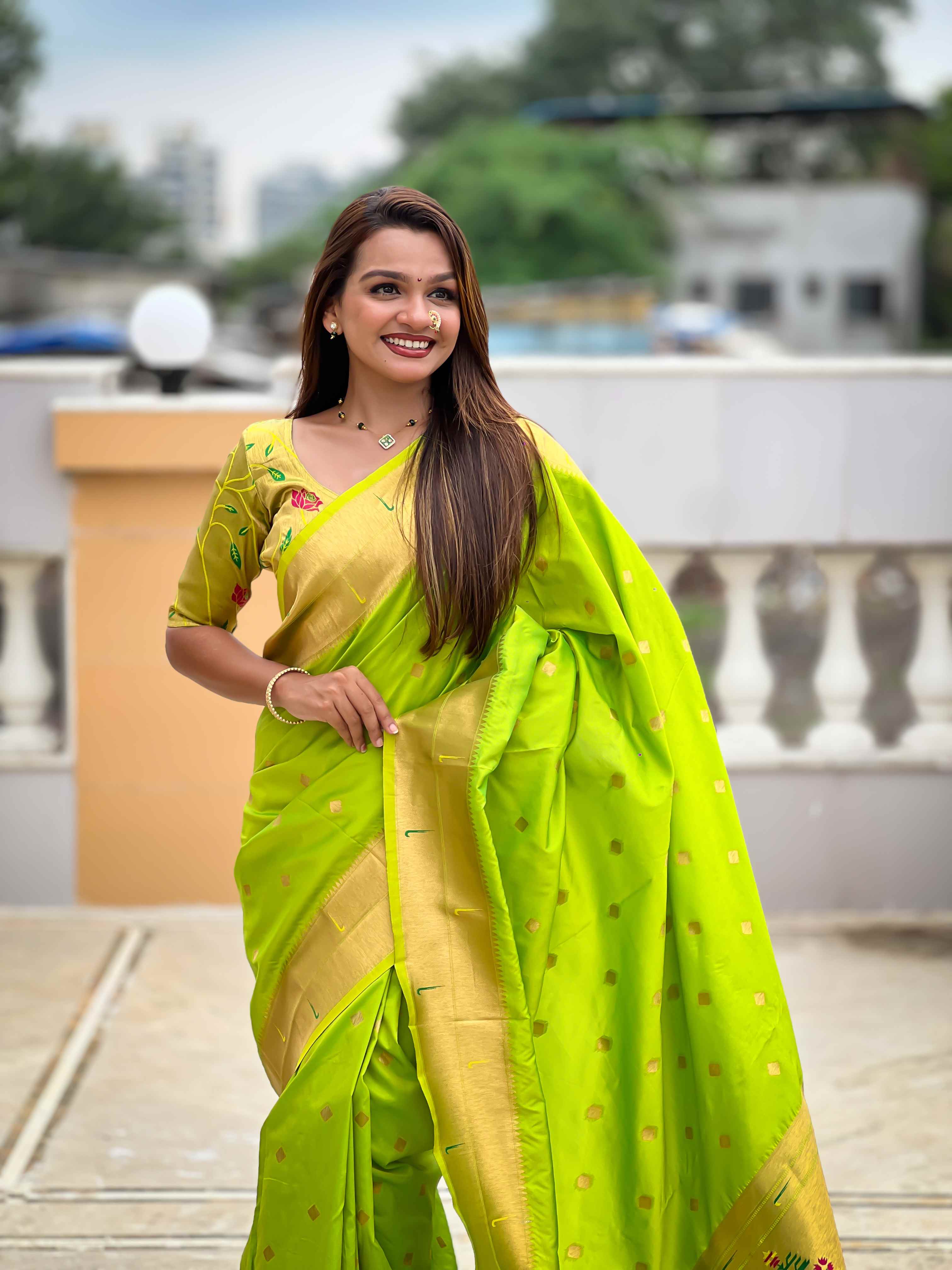 Parrot Green Paithani Silk Saree with Zari Weaving, Meenakari Pallu & Double Munia Border