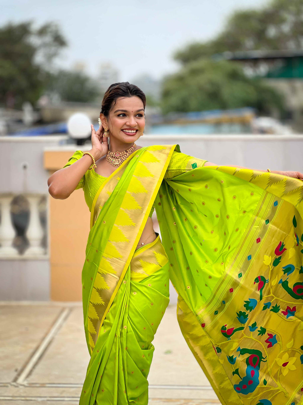 Parrot Green Paithani Silk Saree with Meenakari Rich Pallu & Temple Weaving Border