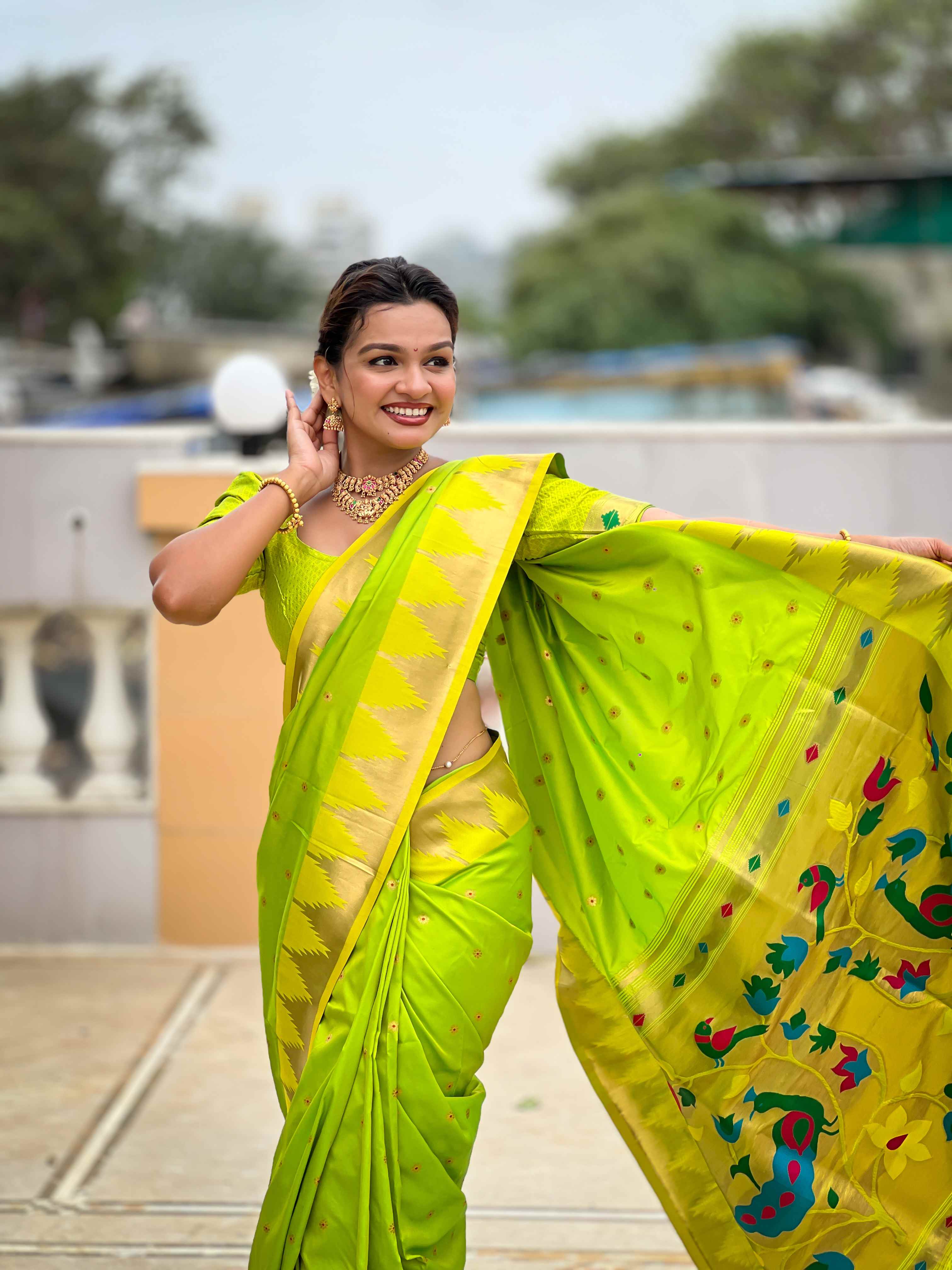 Parrot Green Paithani Silk Saree with Meenakari Rich Pallu & Temple Weaving Border