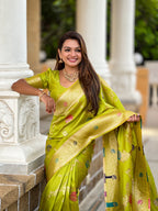 Parrot Green Designer Banarasi Silk Saree for Women –  Woven Floral Saree with Blouse