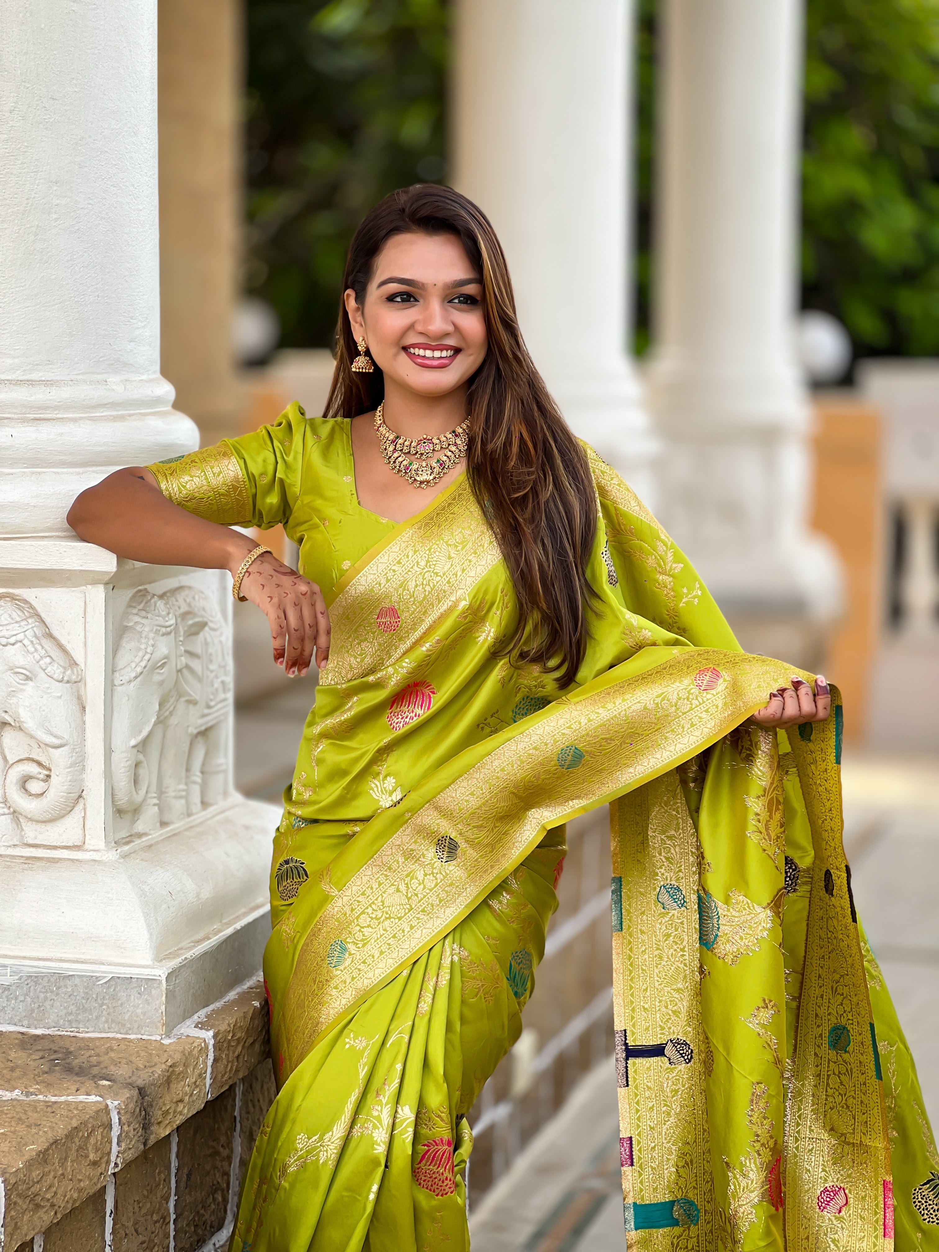 Parrot Green Designer Banarasi Silk Saree for Women –  Woven Floral Saree with Blouse