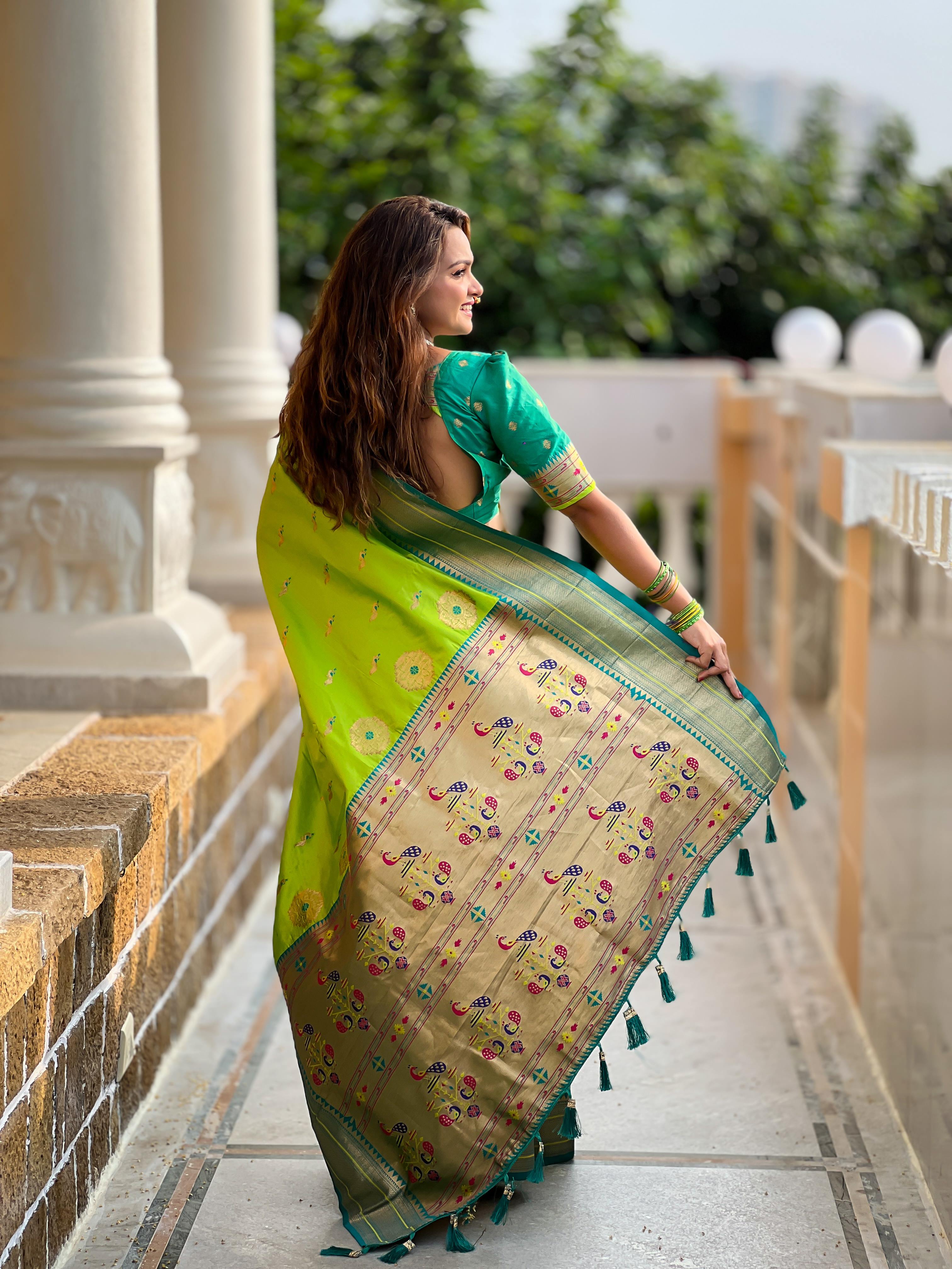 Parrot Green Traditional Paithani Silk Saree with Tassels & Latkans – Includes Matching Blouse