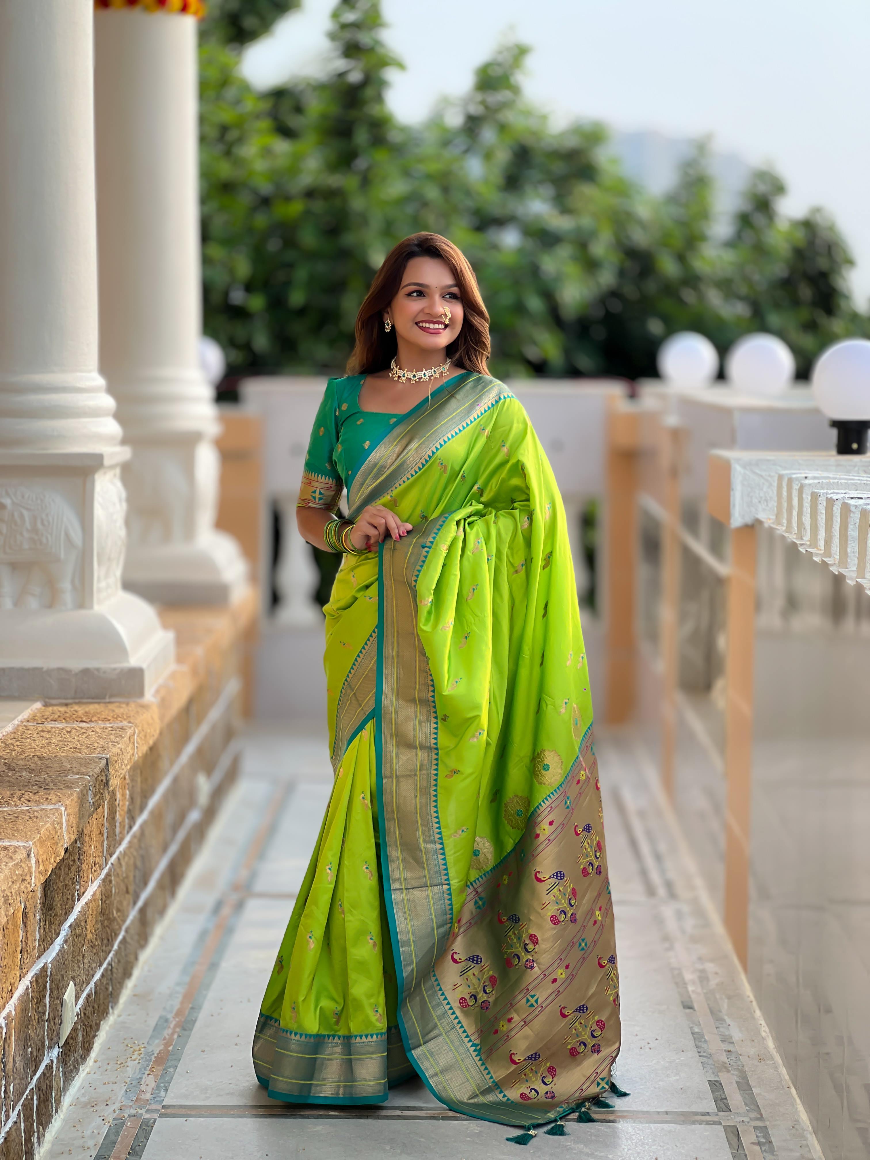 Parrot Green Traditional Paithani Silk Saree with Tassels & Latkans – Includes Matching Blouse