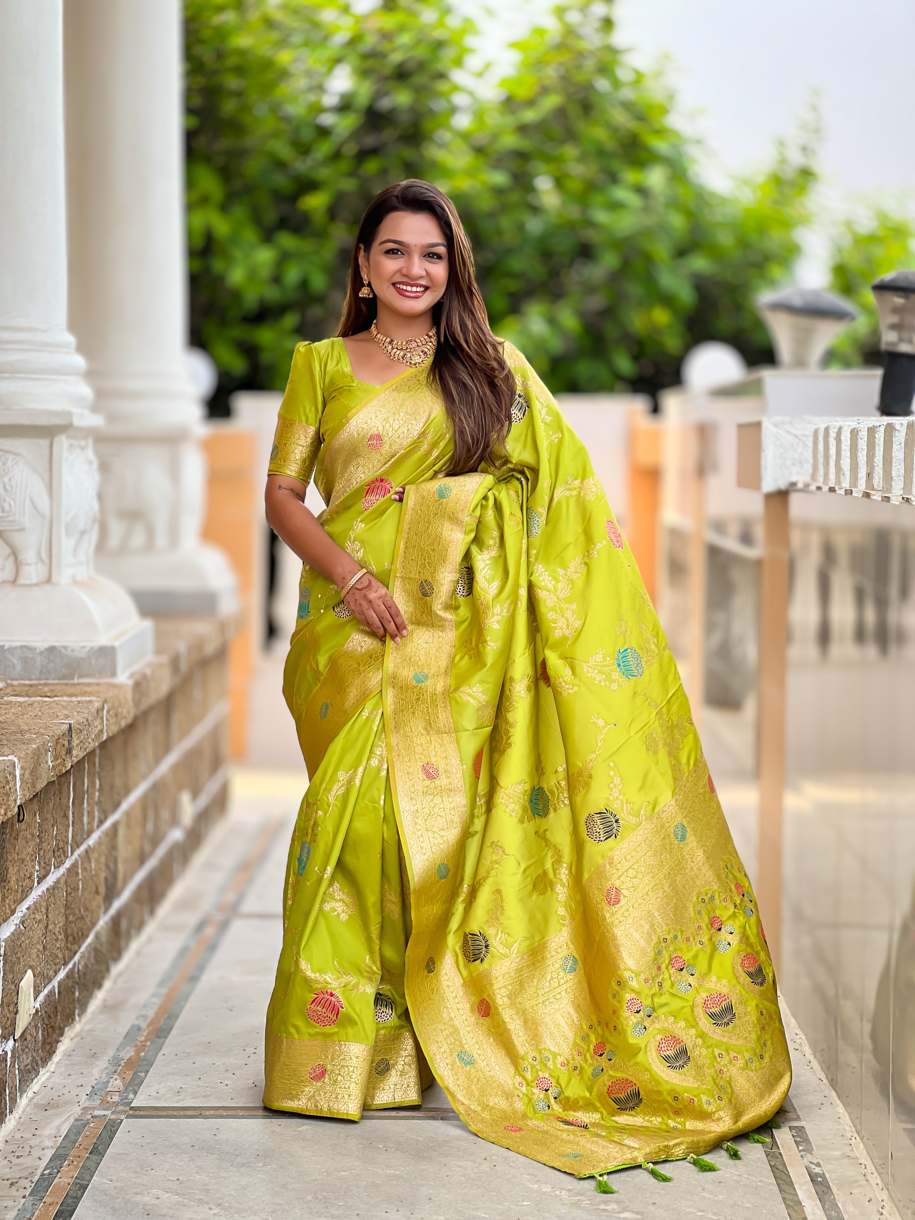 Parrot Green Designer Banarasi Silk Saree for Women –  Woven Floral Saree with Blouse
