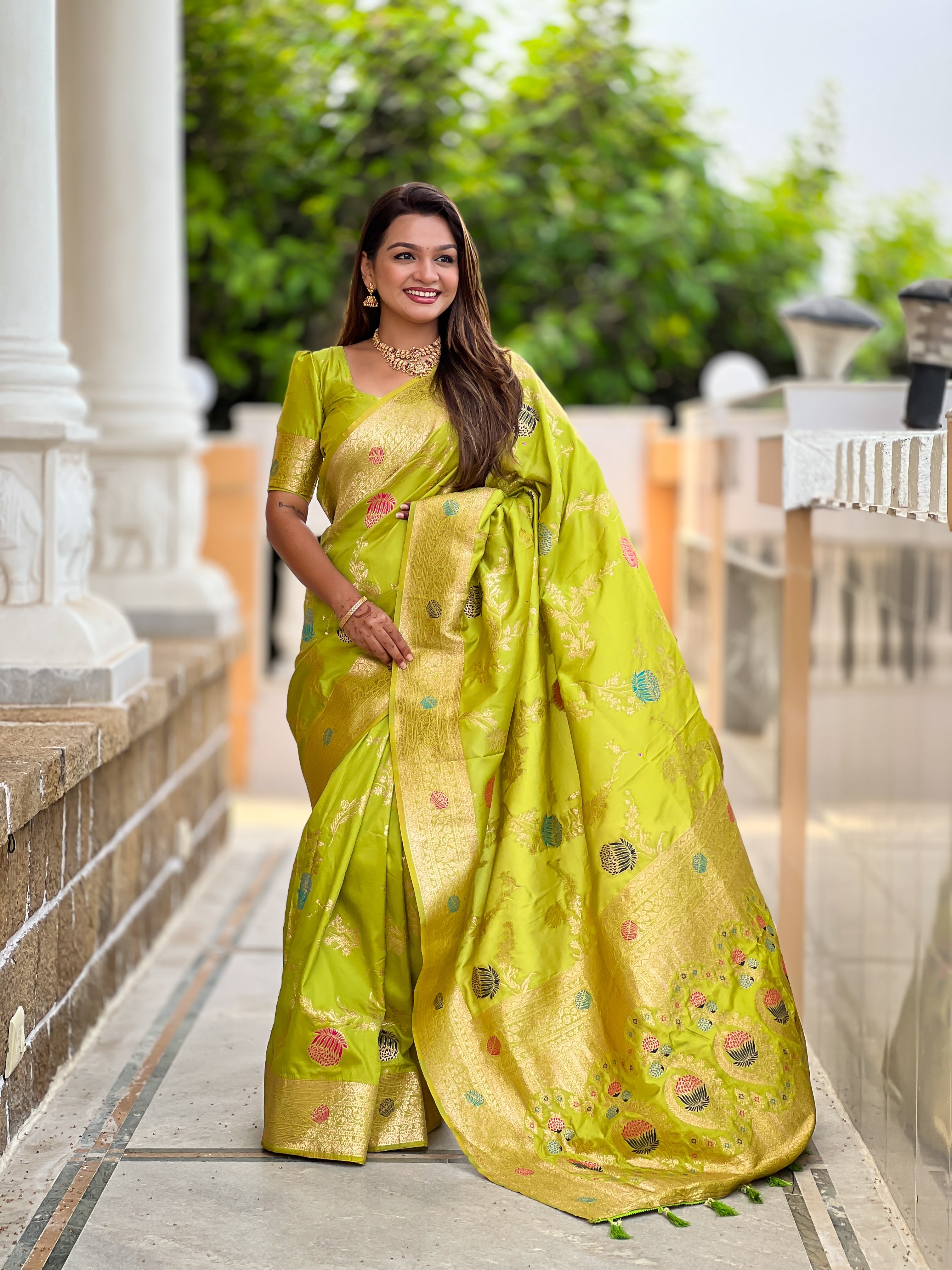 Parrot Green Designer Banarasi Silk Saree for Women –  Woven Floral Saree with Blouse