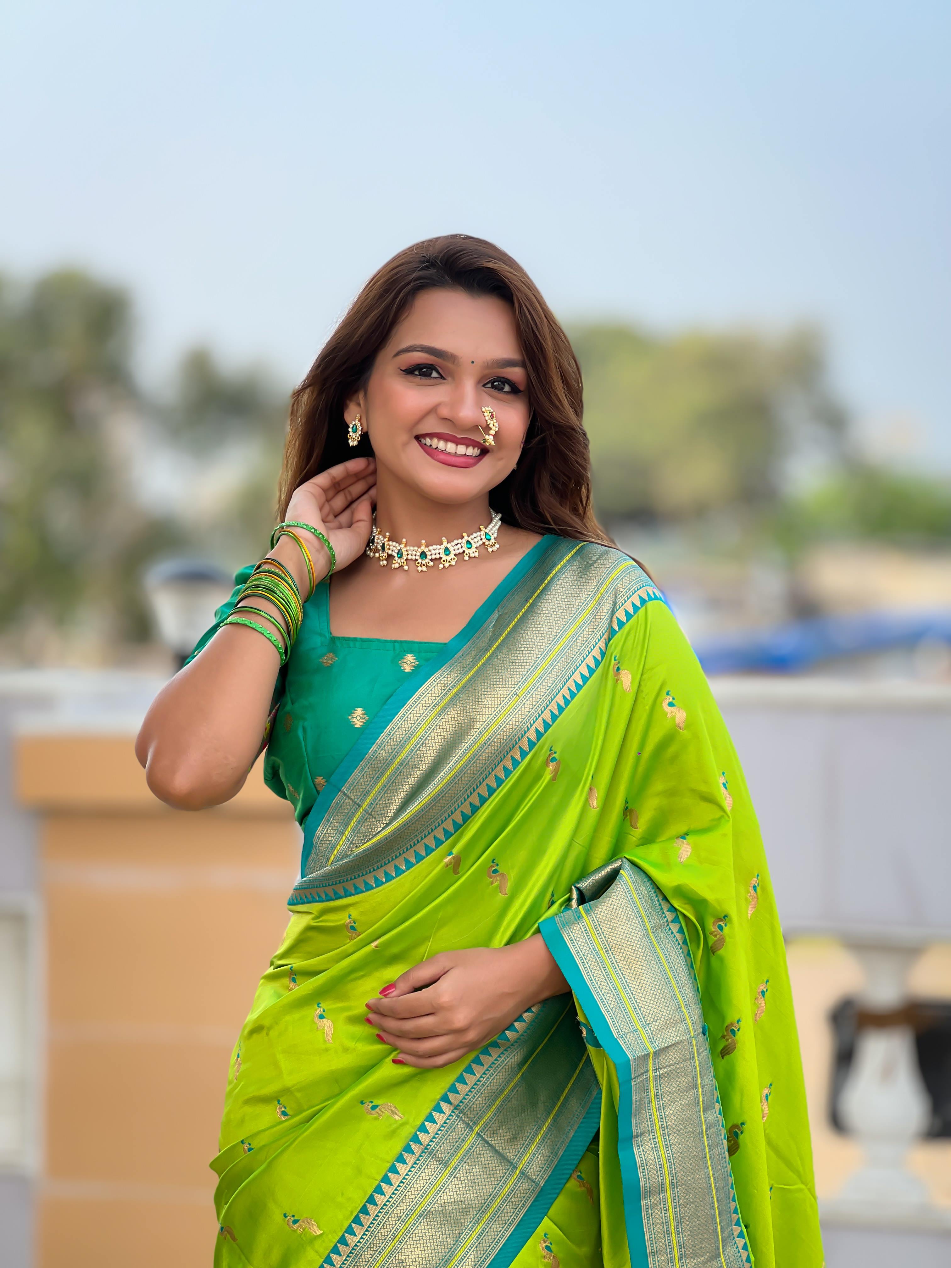 Parrot Green Traditional Paithani Silk Saree with Tassels & Latkans – Includes Matching Blouse