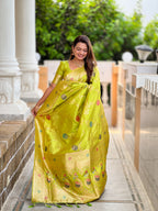 Parrot Green Designer Banarasi Silk Saree for Women –  Woven Floral Saree with Blouse