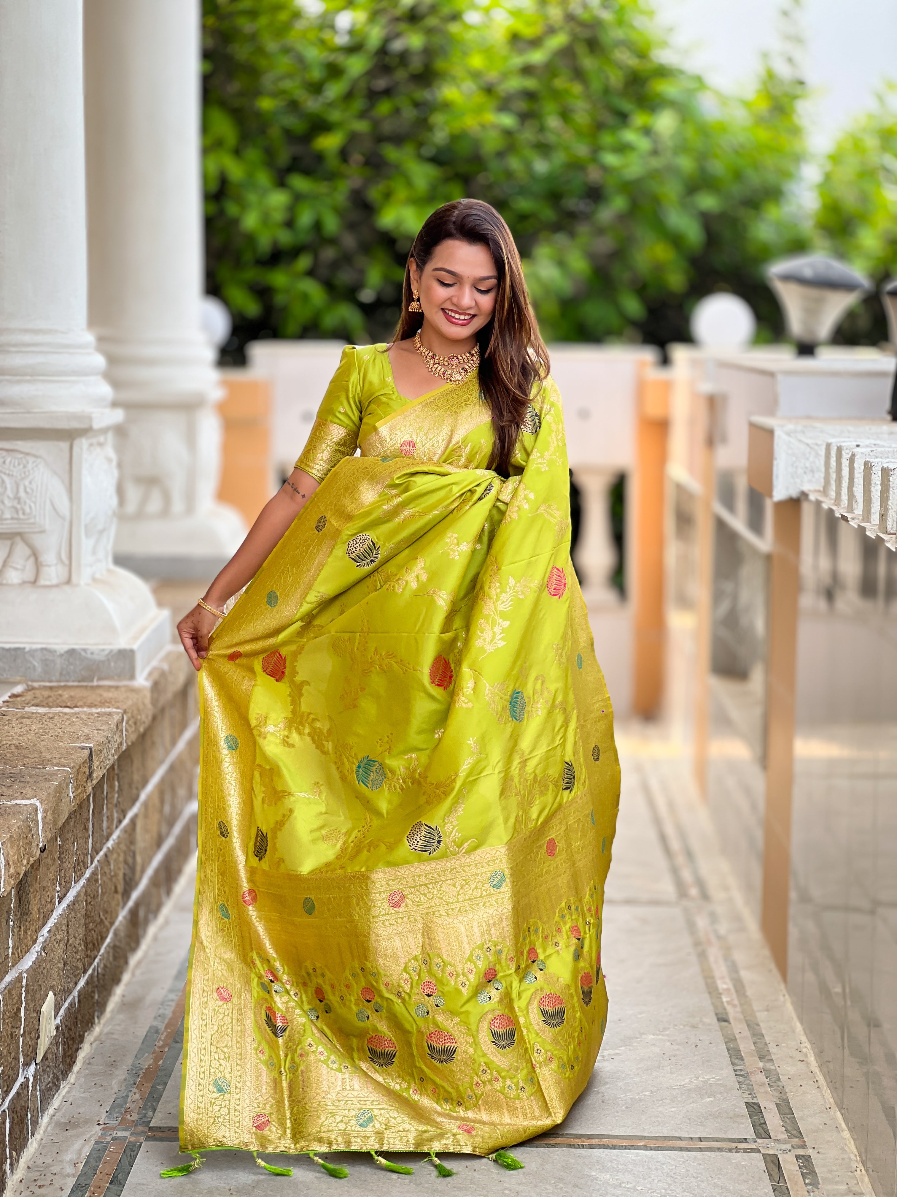 Parrot Green Designer Banarasi Silk Saree for Women –  Woven Floral Saree with Blouse