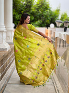 Parrot Green Designer Banarasi Silk Saree for Women –  Woven Floral Saree with Blouse