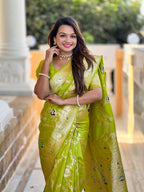 Parrot Varni Fabrics Women Floral Banarasi Silk Woven Saree comes With Matching Blouse
