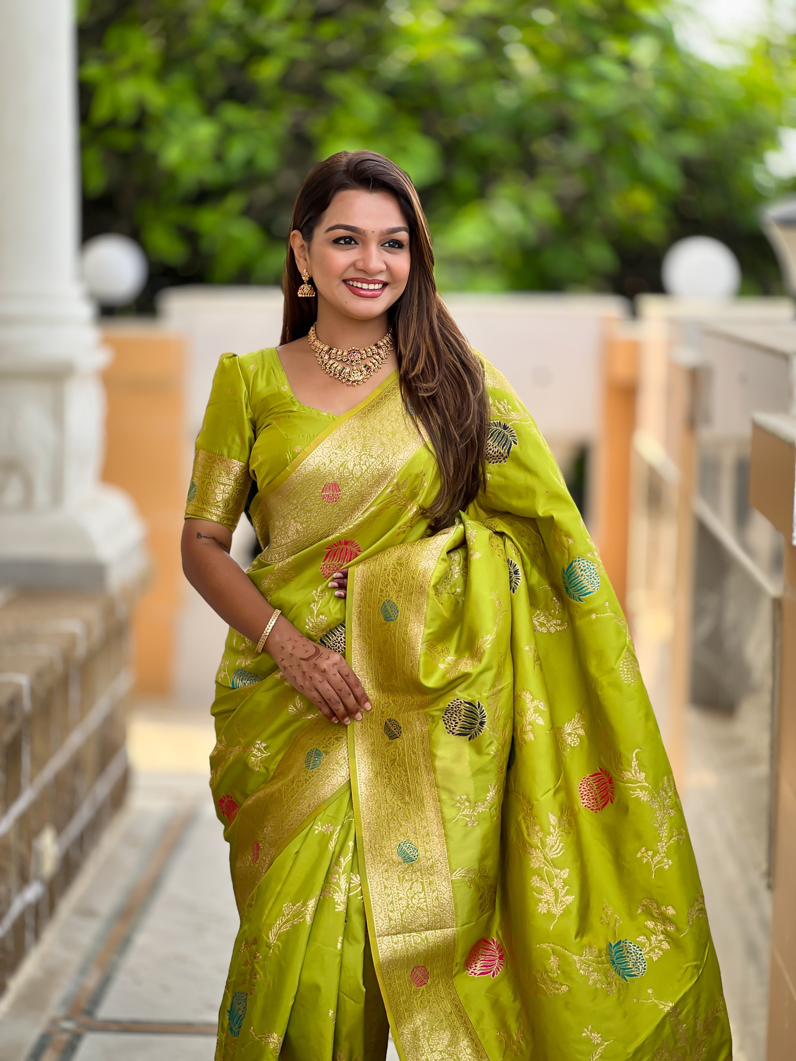 Parrot Green Designer Banarasi Silk Saree for Women –  Woven Floral Saree with Blouse